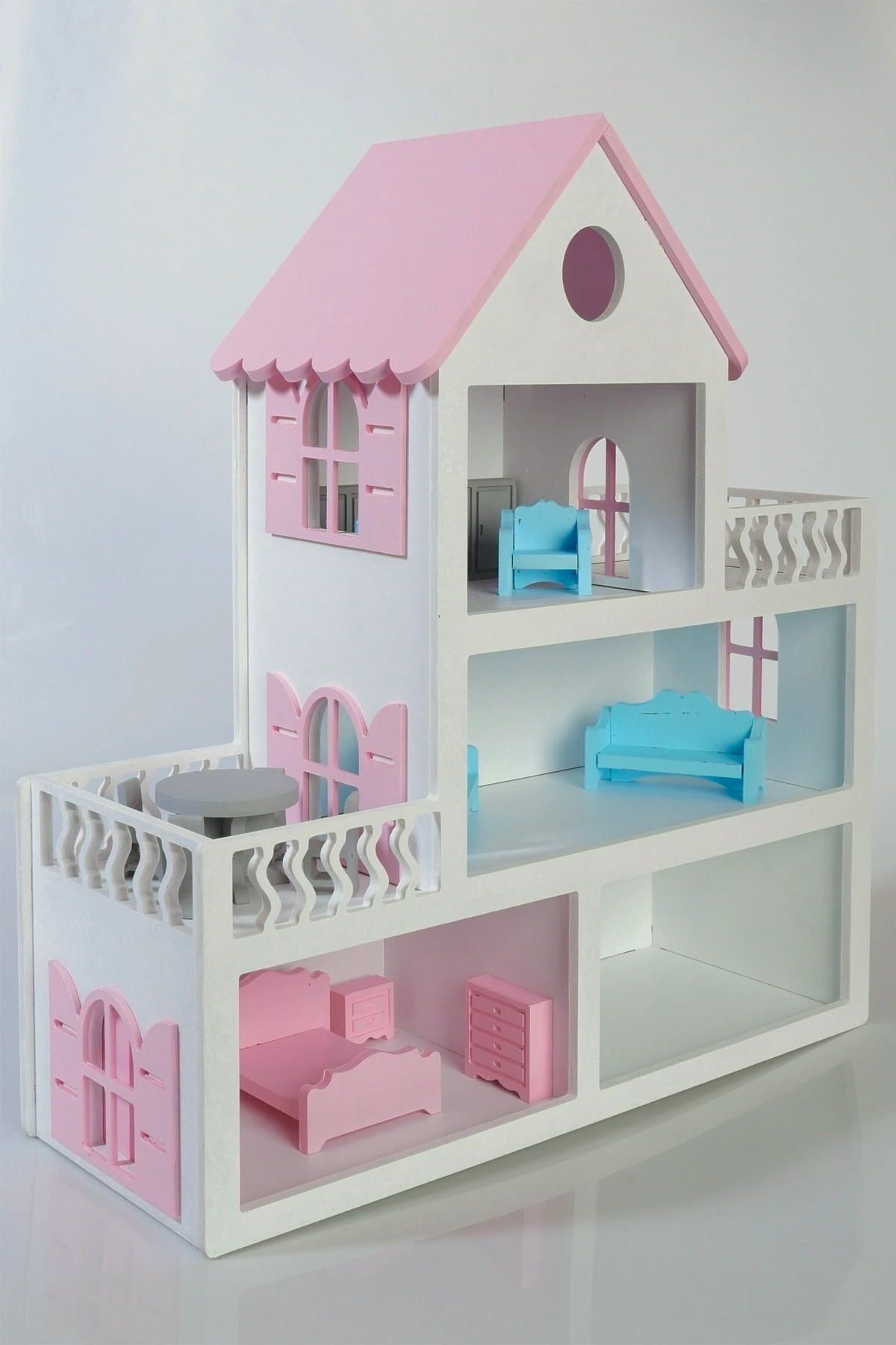 Boyalı Ahşap Barbie Bebek Evi Oyuncak (15 Adet Mobilya Hediyeli)