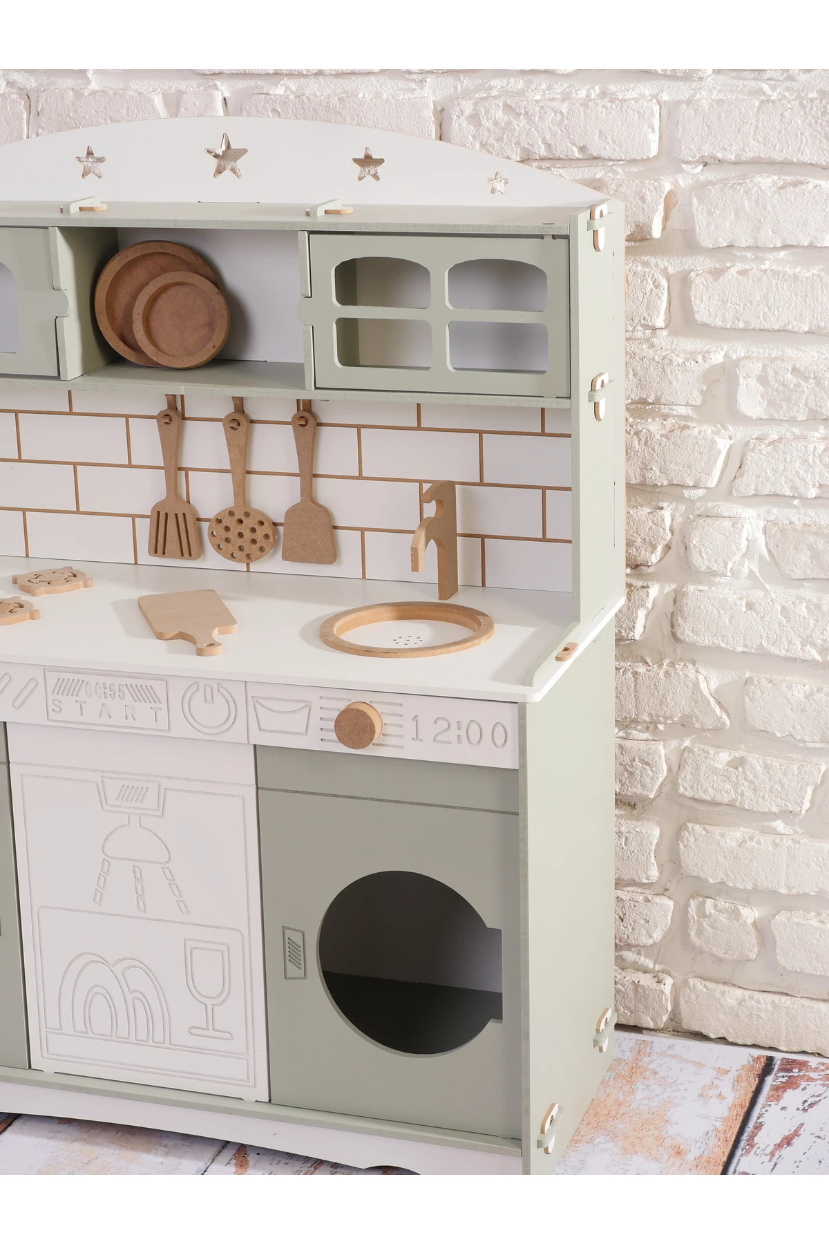 Boyalı Ihlamur Ahşap Oyuncak Bulaşık Makine Detaylı Mutfak (Tabak ve Spatula Seti Hediye)