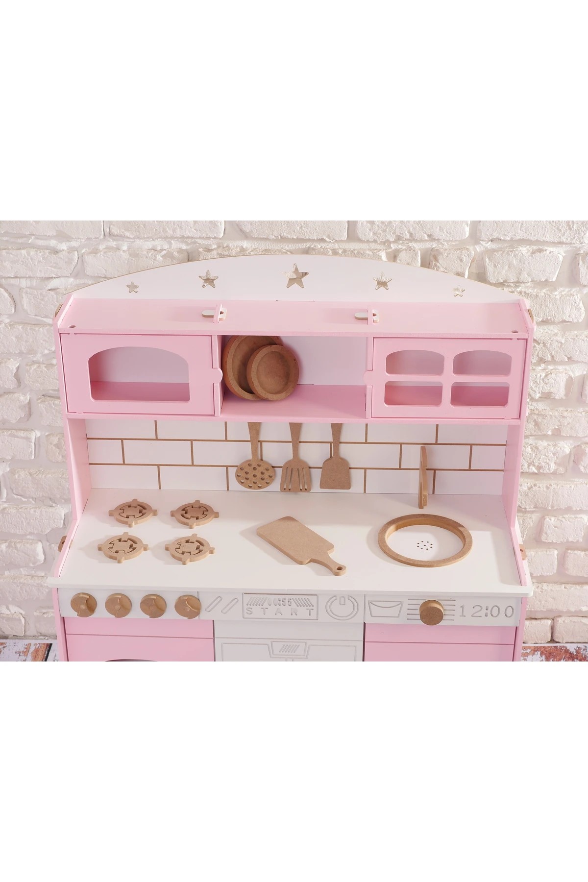 Boyalı Pembe Ahşap Oyuncak Bulaşık Makine Detaylı Mutfak (Tabak ve Spatula Seti Hediye)