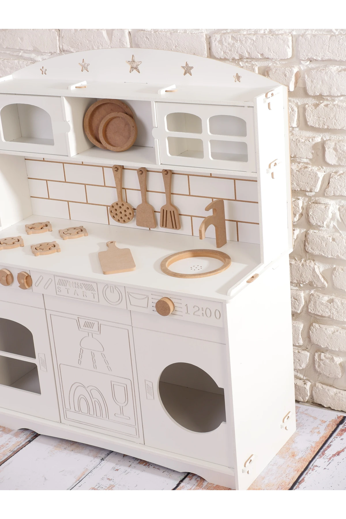 Boyalı Beyaz Ahşap Oyuncak Bulaşık Makine Detaylı Mutfak (Tabak ve Spatula Seti Hediye)