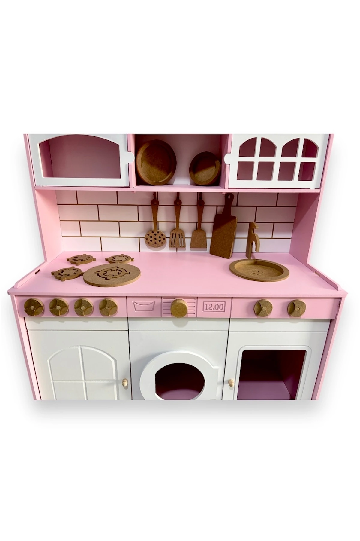 Ahşap Büyük Boy Pembe-Beyaz Montessori Mutfak Oyuncak Set
