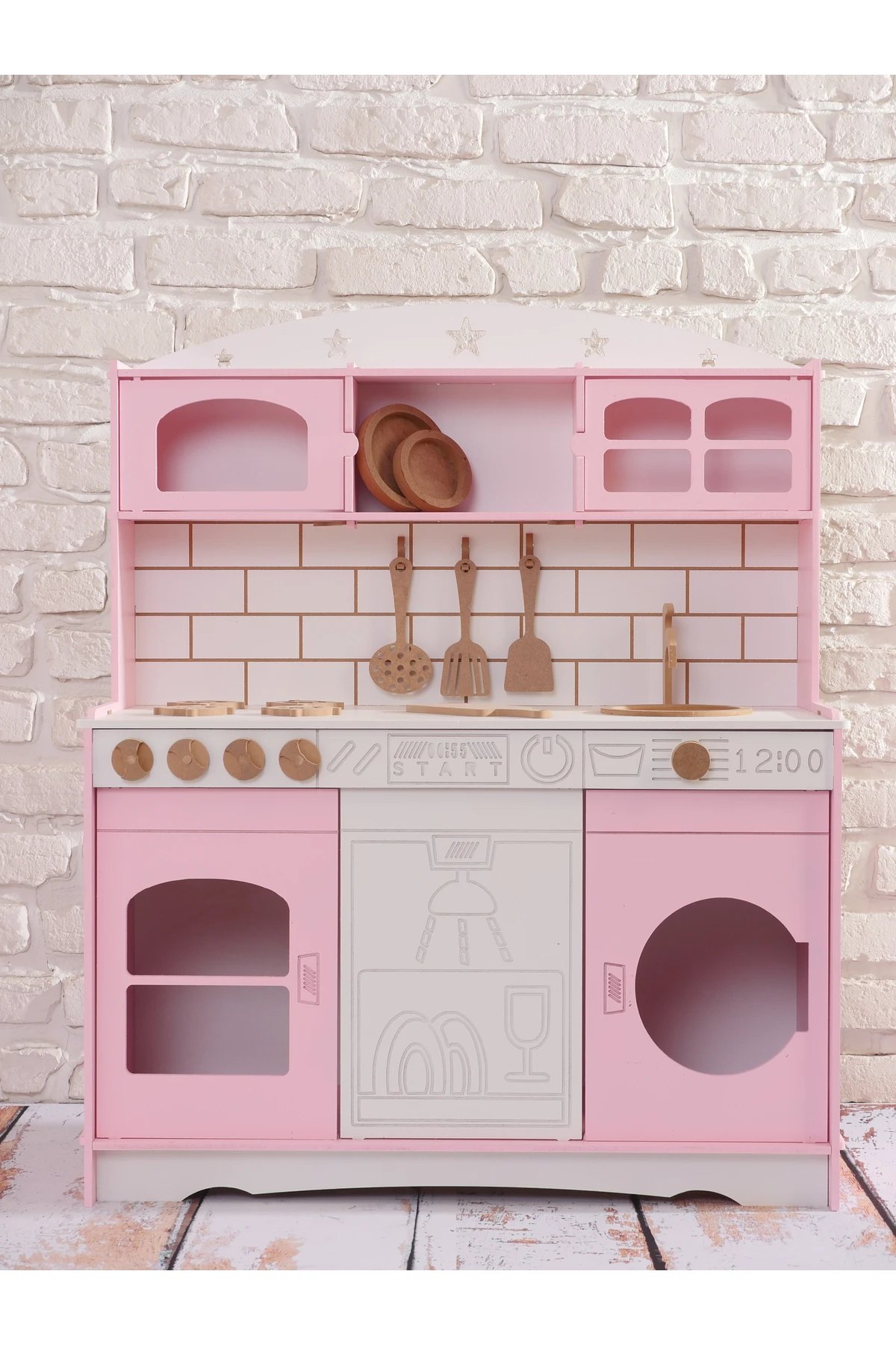 Boyalı Pembe Ahşap Oyuncak Bulaşık Makine Detaylı Mutfak (Tabak ve Spatula Seti Hediye)