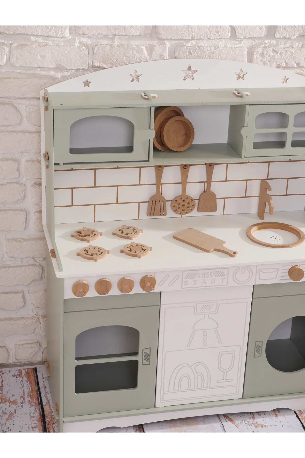 Boyalı Ihlamur Ahşap Oyuncak Bulaşık Makine Detaylı Mutfak (Tabak ve Spatula Seti Hediye)