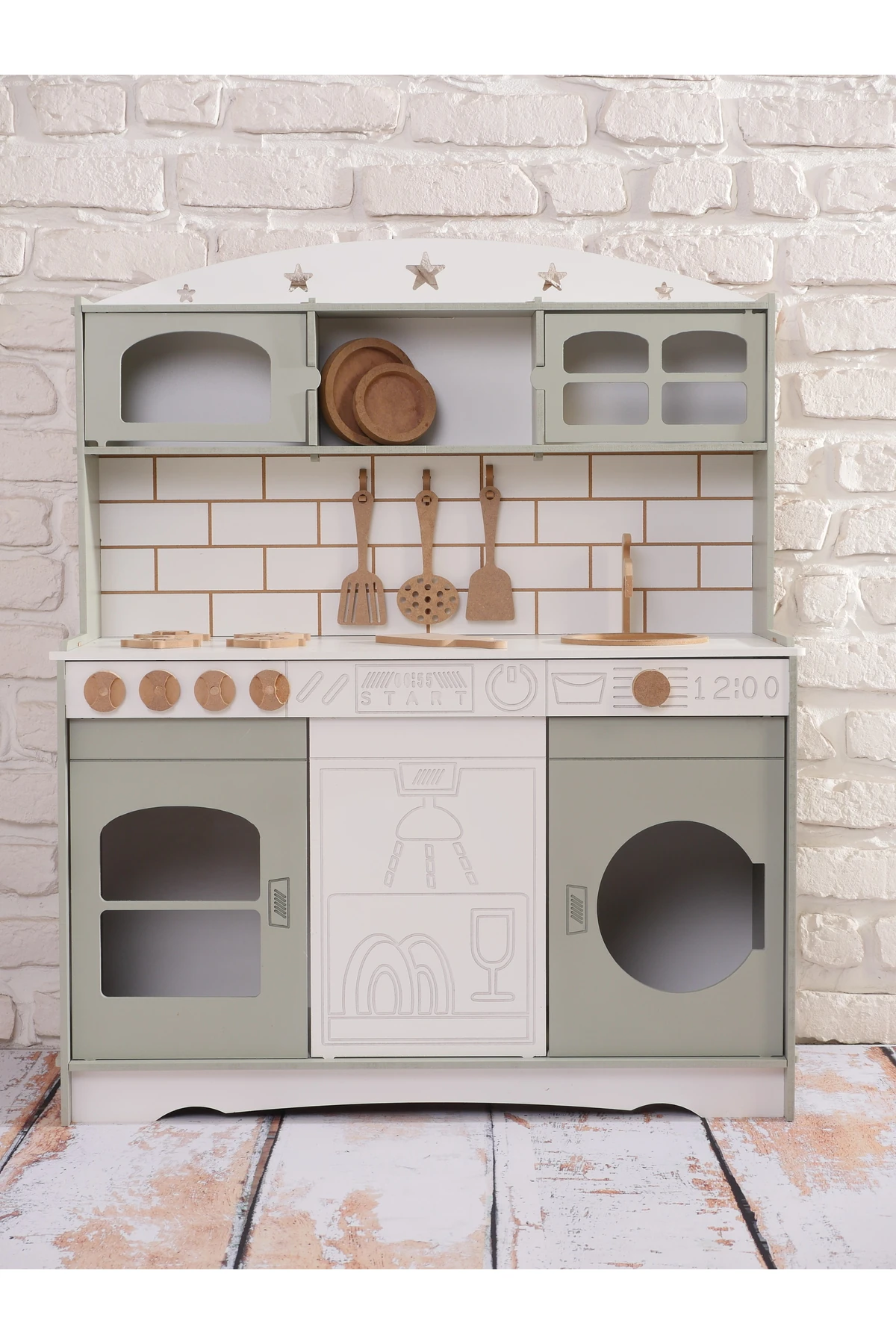 Boyalı Ihlamur Ahşap Oyuncak Bulaşık Makine Detaylı Mutfak (Tabak ve Spatula Seti Hediye)