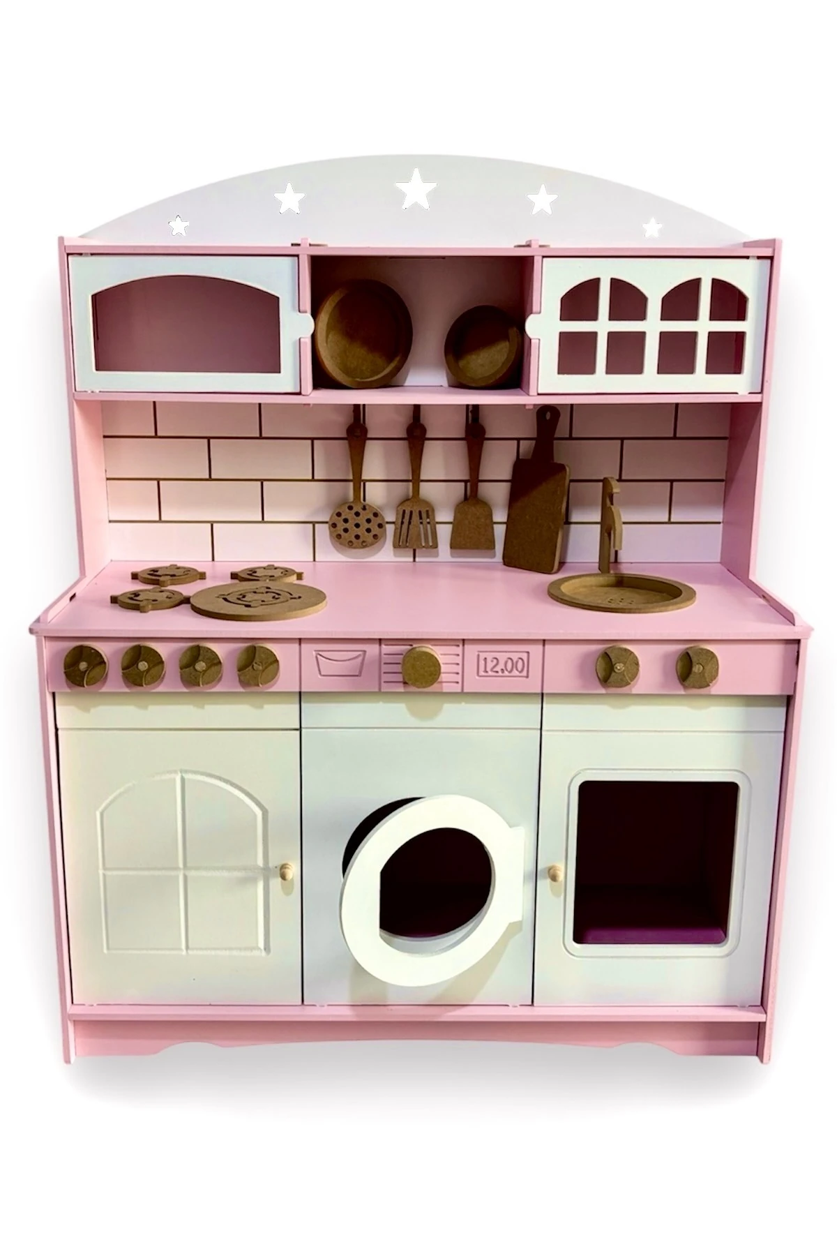 Ahşap Büyük Boy Pembe-Beyaz Montessori Mutfak Oyuncak Set