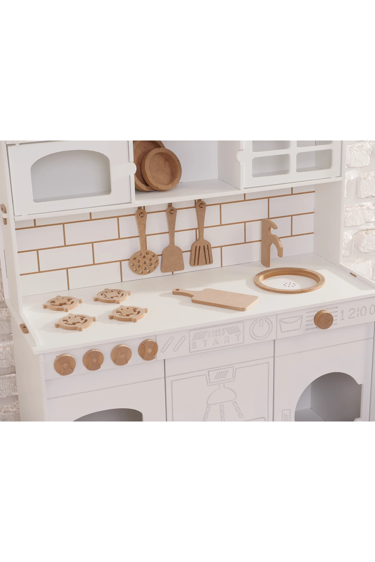 Boyalı Beyaz Ahşap Oyuncak Bulaşık Makine Detaylı Mutfak (Tabak ve Spatula Seti Hediye)