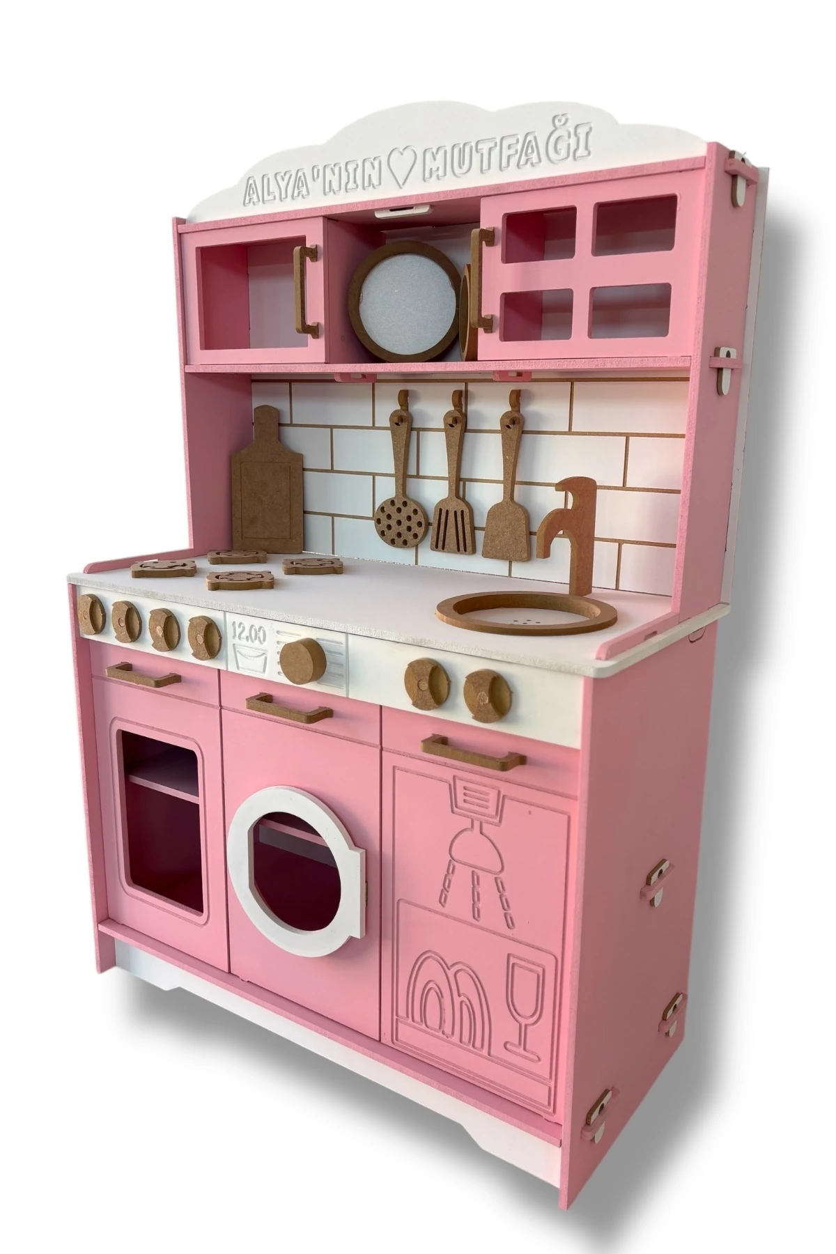 Ahşap Pembe Boyalı İsim Yazılabilir Mutfak 14 Parça Servis Seti Hediyeli