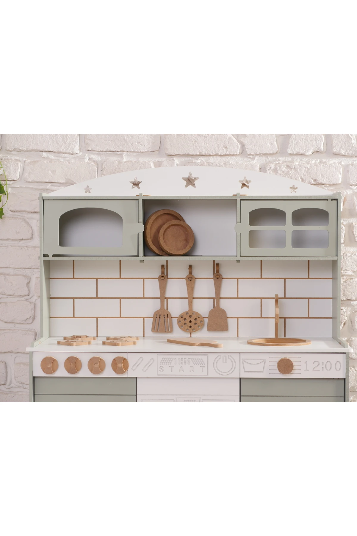 Boyalı Ihlamur Ahşap Oyuncak Bulaşık Makine Detaylı Mutfak (Tabak ve Spatula Seti Hediye)