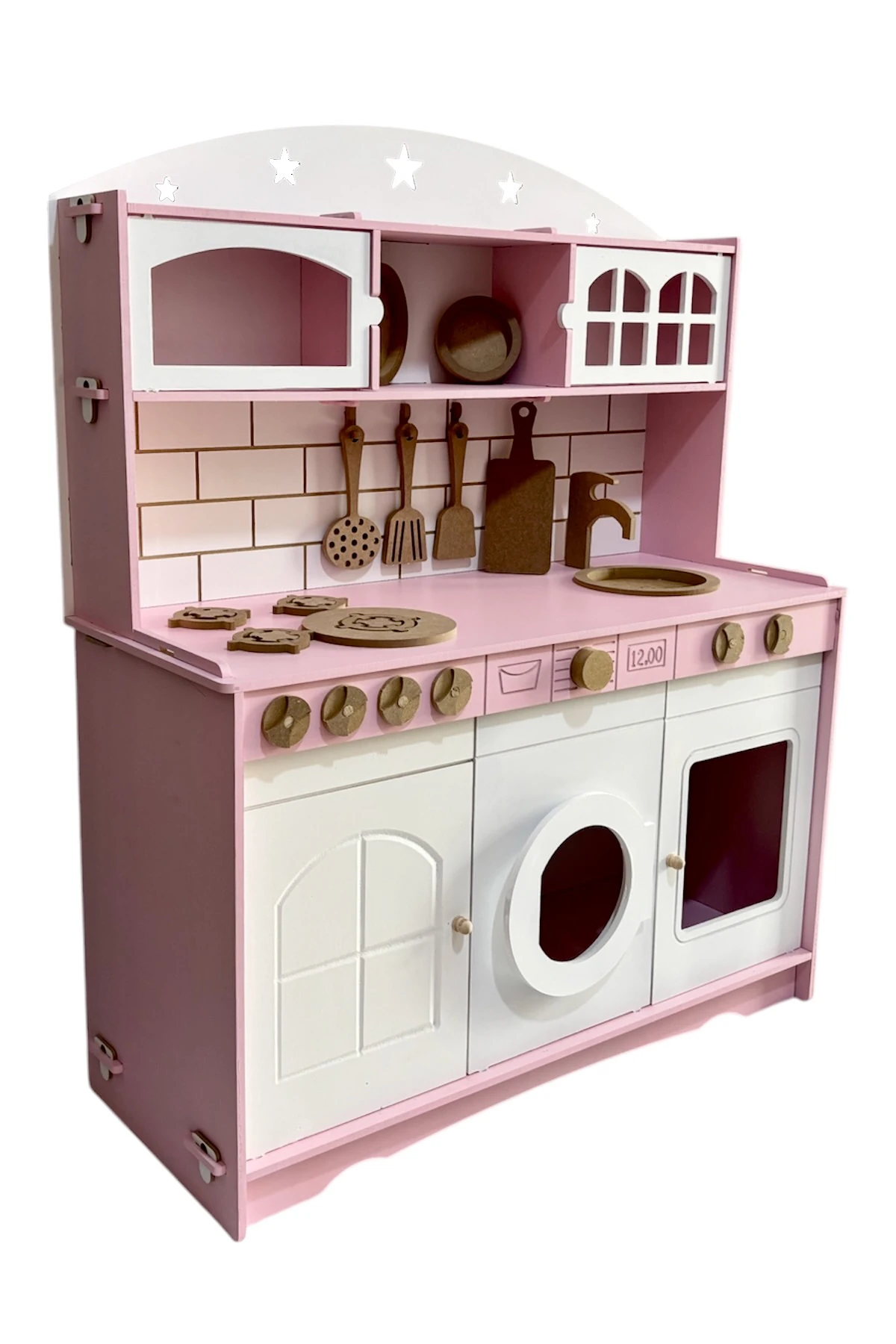 Boyalı Pembe Ahşap Oyuncak Mutfak (Tabak ve Spatula Seti )