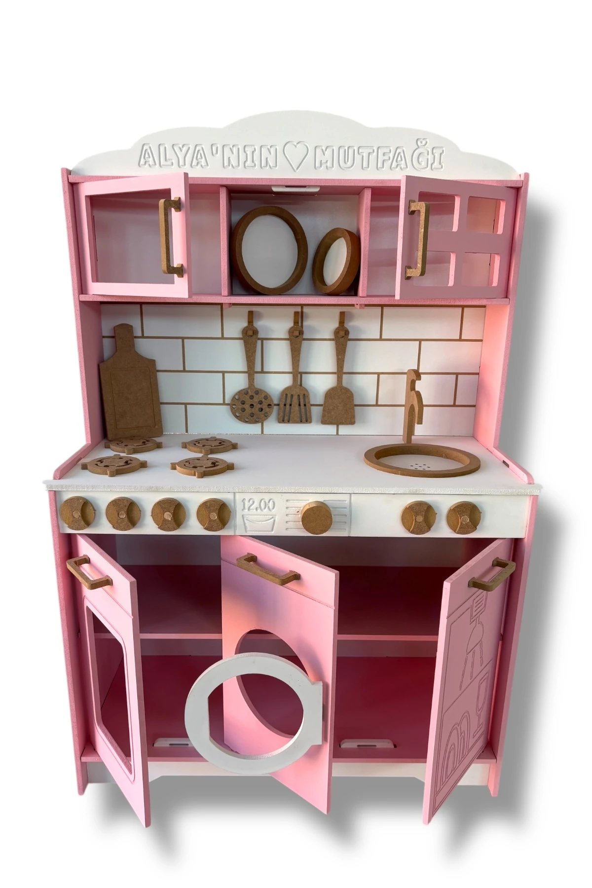 Ahşap Pembe Boyalı İsim Yazılabilir Mutfak 14 Parça Servis Seti Hediyeli