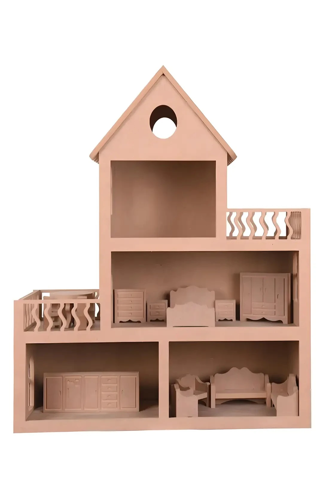 Ahşap Barbie Bebek Evi Oyuncak 15 Adet Mobilya Hediyeli