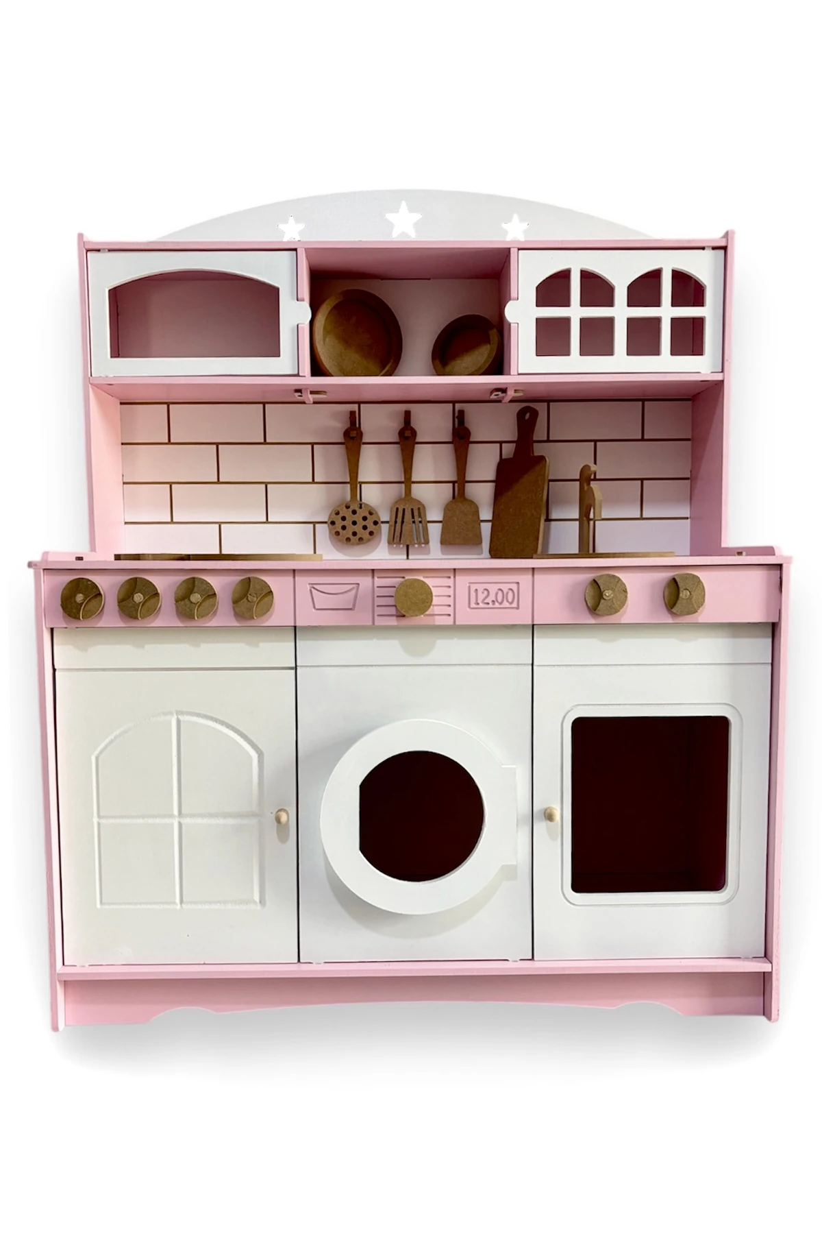 Boyalı Ahşap Oyuncak Mutfak Servis Seti Pembe- Beyaz