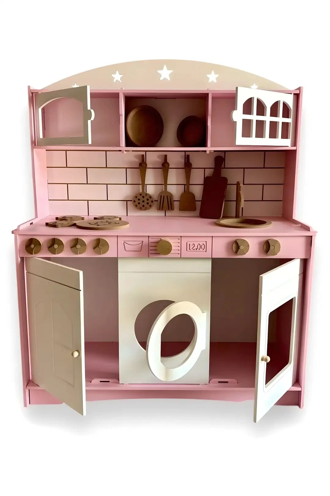 Ahşap Büyük Boy Montessori Oyuncak Rol Yapma Mutfak Seti Tabak+Spatula Hediye