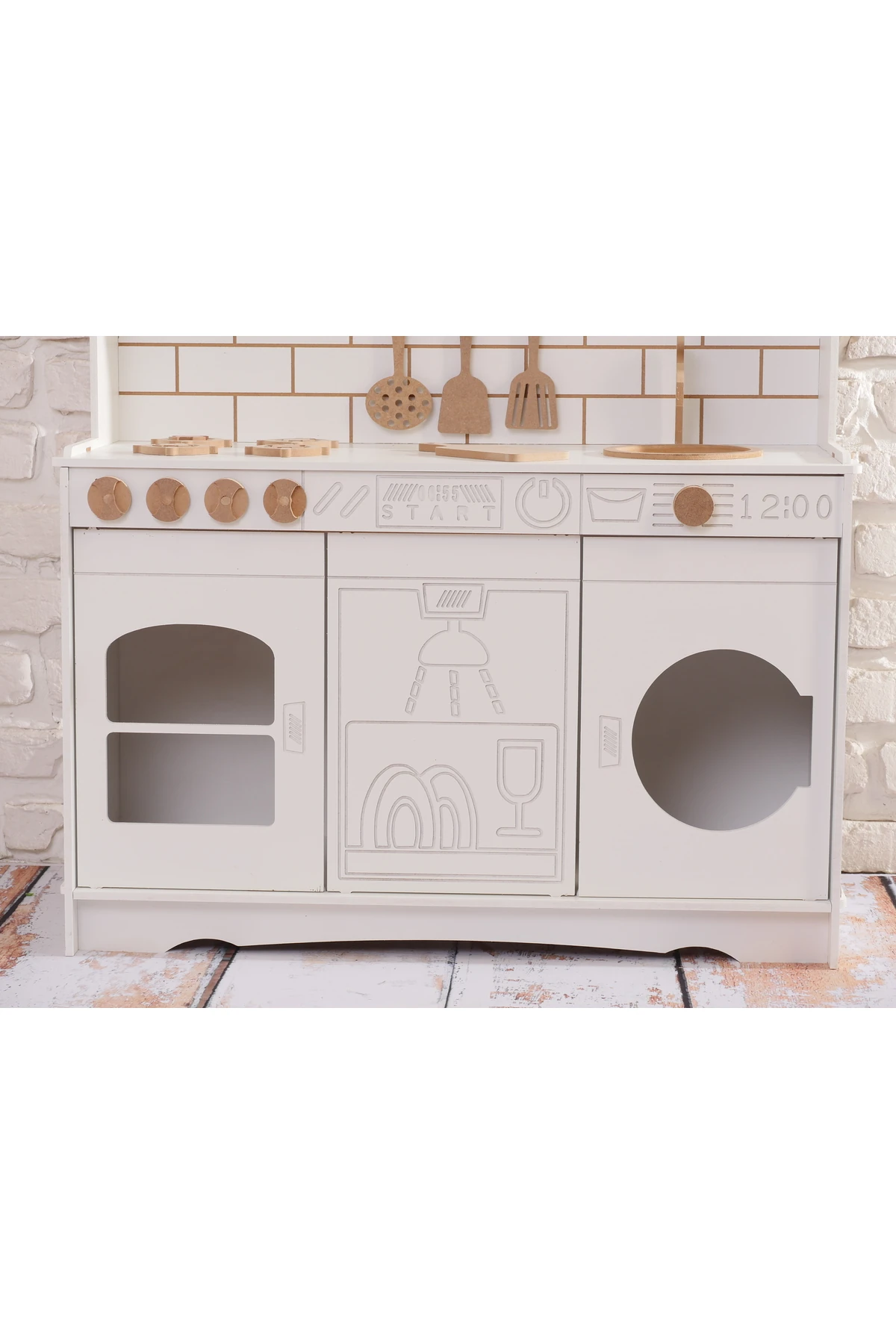 Boyalı Beyaz Ahşap Oyuncak Bulaşık Makine Detaylı Mutfak (Tabak ve Spatula Seti Hediye)