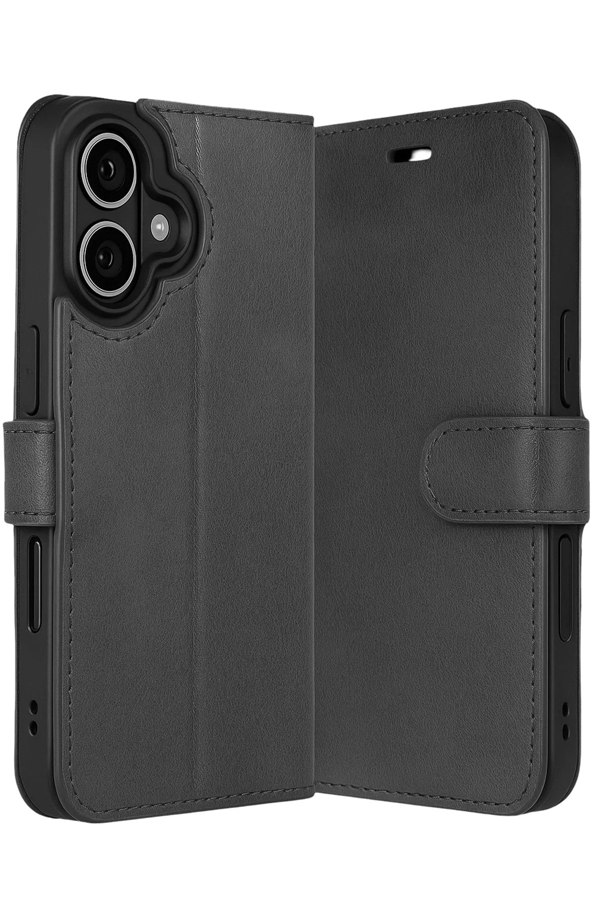 Apple iPhone 17 Deri Cüzdan Kılıf, Koruyucu Kapaklı Kılıf - Siyah