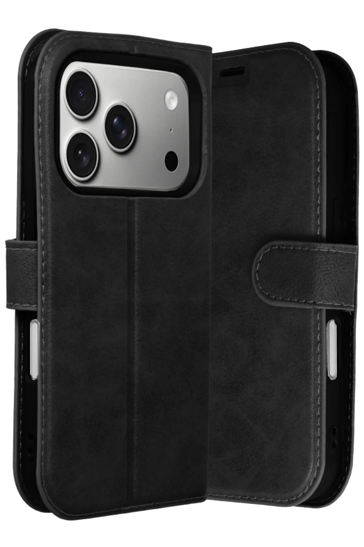 iPhone 16 Pro Max Deri Cüzdan Kılıf, Koruyucu Kapaklı Kılıf - Siyah