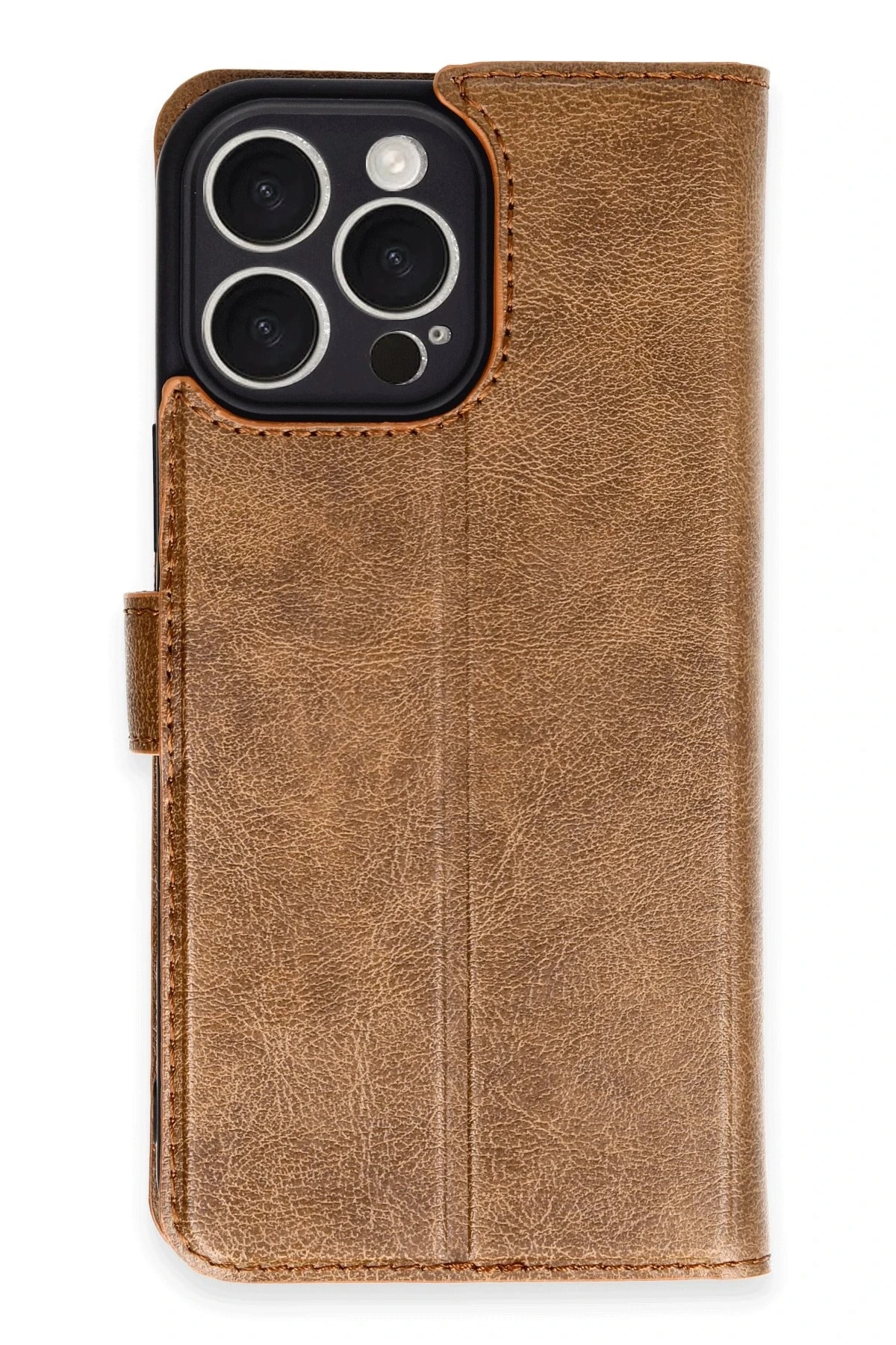 iPhone 16 Pro Deri Cüzdan Kılıf, Koruyucu Kapaklı Kılıf - Taba