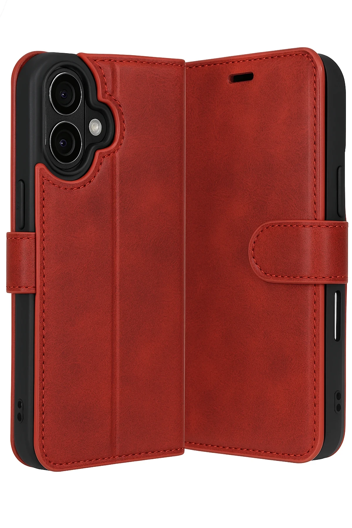 Apple iPhone 17 Deri Cüzdan Kılıf, Koruyucu Kapaklı Kılıf - Kırmızı
