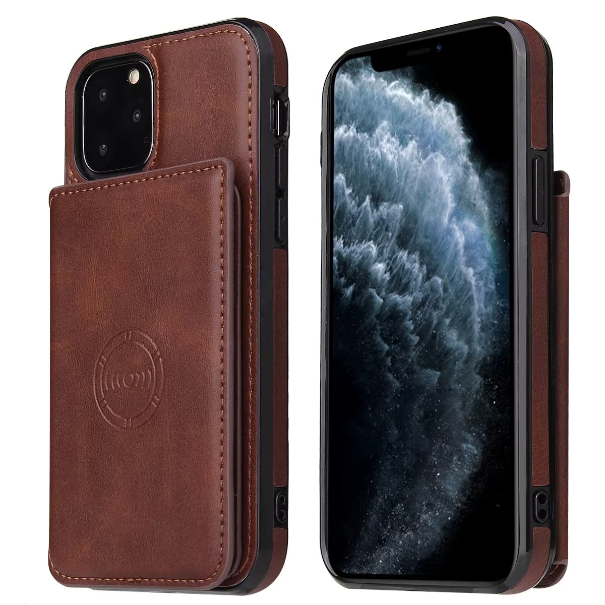 Iphone 14 Pro Deri Kapaklı Darbelere Dayanıklı Cüzdanlı Kılıf - Kahverengi