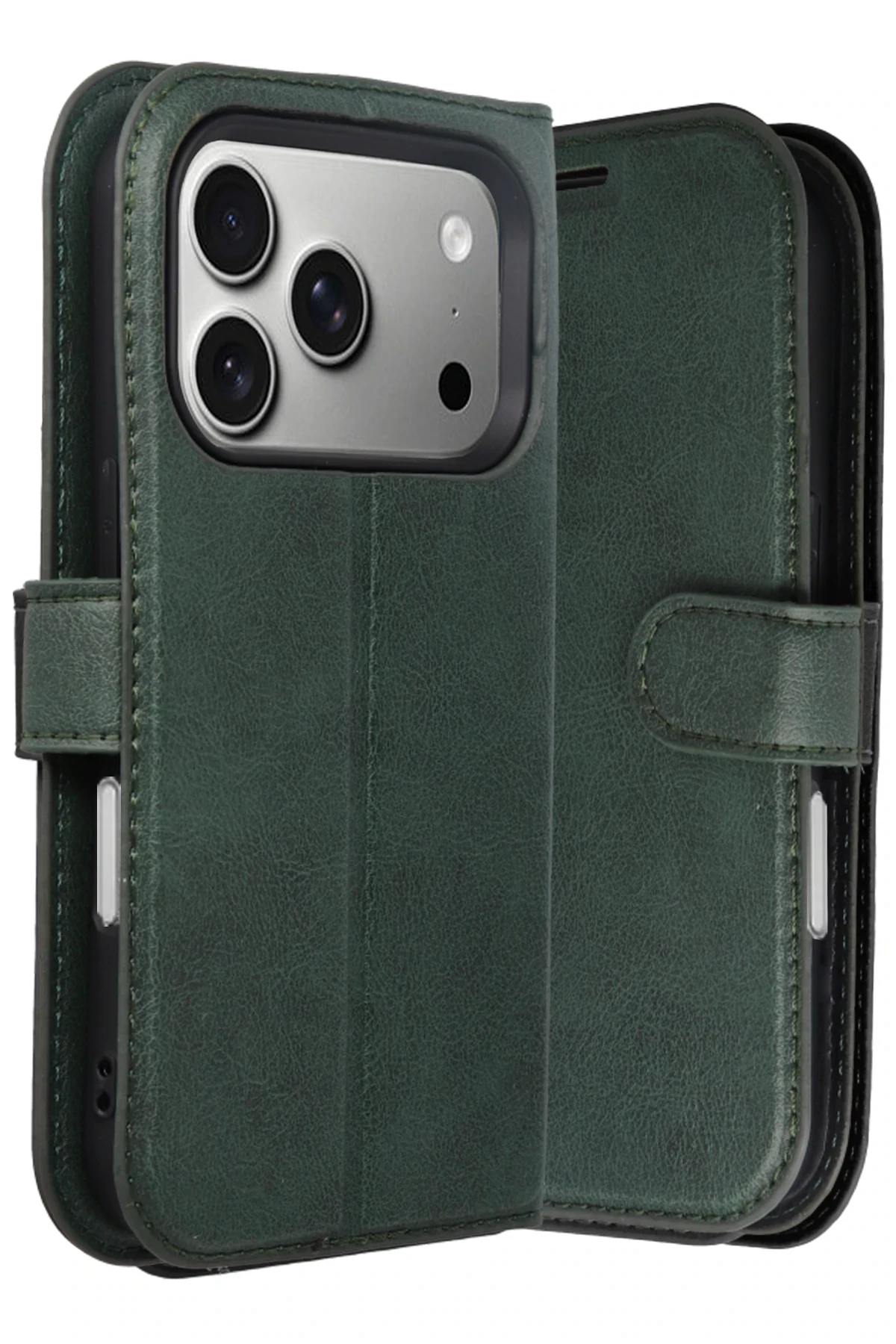iPhone 16 Pro Max Deri Cüzdan Kılıf, Koruyucu Kapaklı Kılıf - Yeşil