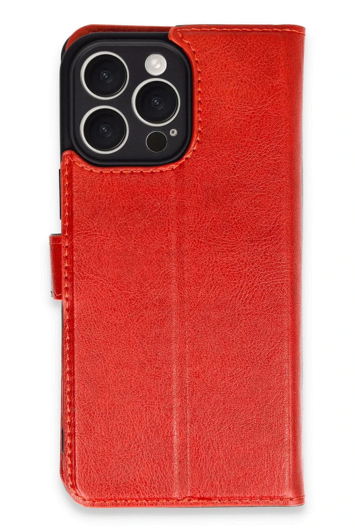 iPhone 16 Pro Deri Cüzdan Kılıf, Koruyucu Kapaklı Kılıf - Kırmızı