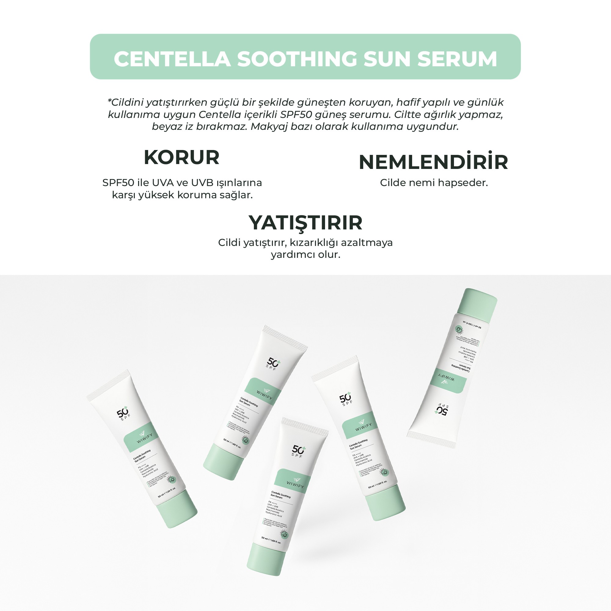 Yatıştırıcı, Onarıcı, Yüksek Korumalı, Centella Soothing Sun Serum SPF 50+ Pa 50++++ 50 ml