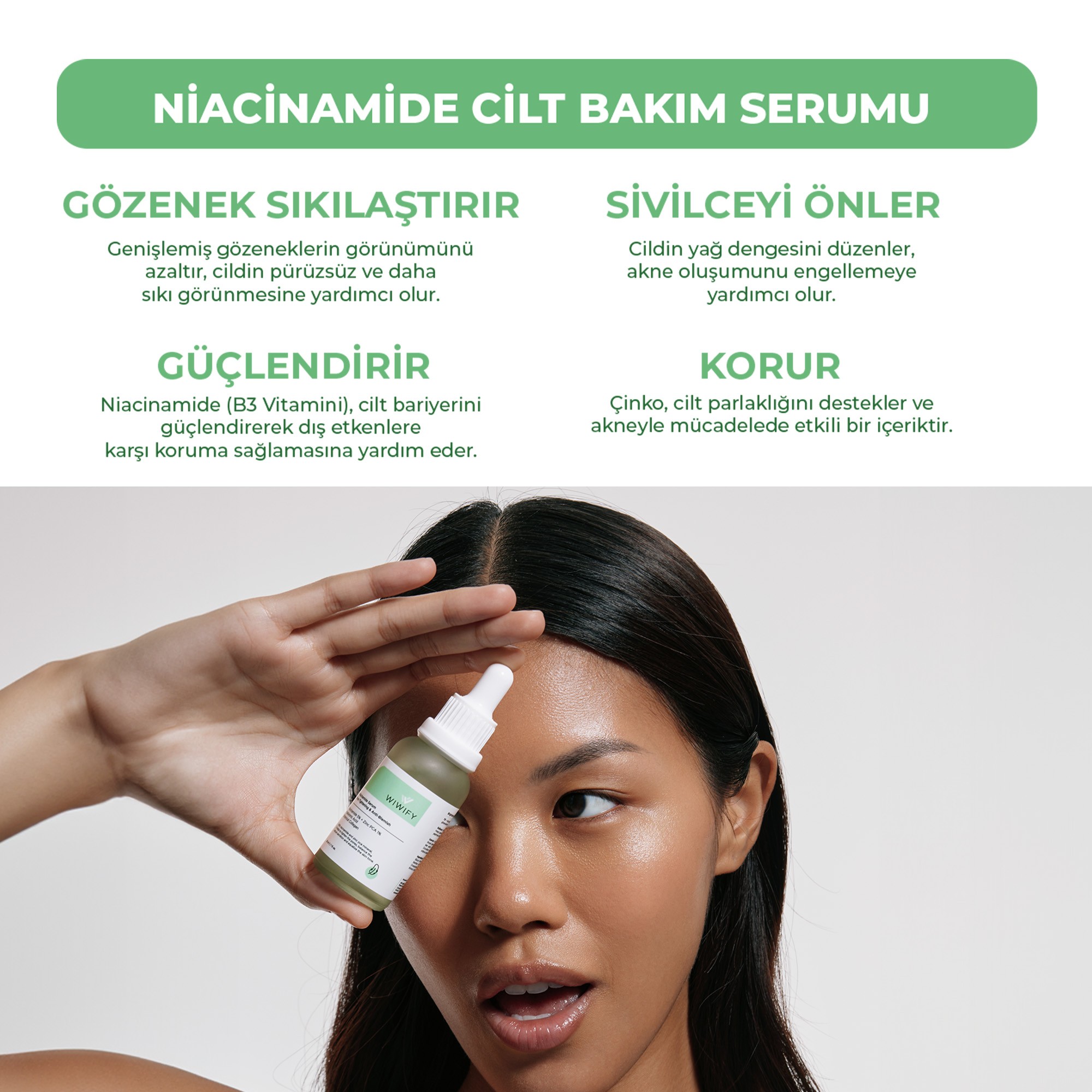 Sivilce ve Siyah Nokta Karşıtı, Aydınlatıcı Niacinamide Cilt Bakım Serumu 30 ml