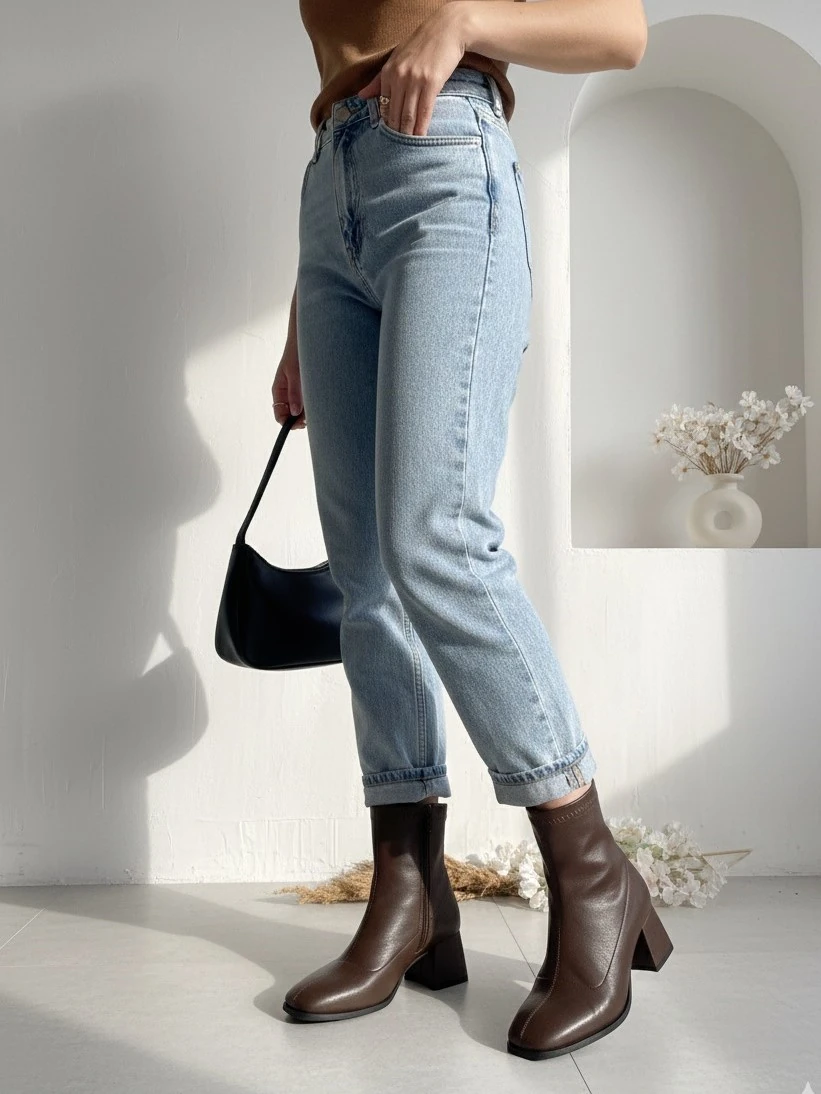 STREÇ KÜT BURUN 5 CM TOPUKLU GÜNLÜK KADIN BOT TMD202434 - KAHVEREGİ