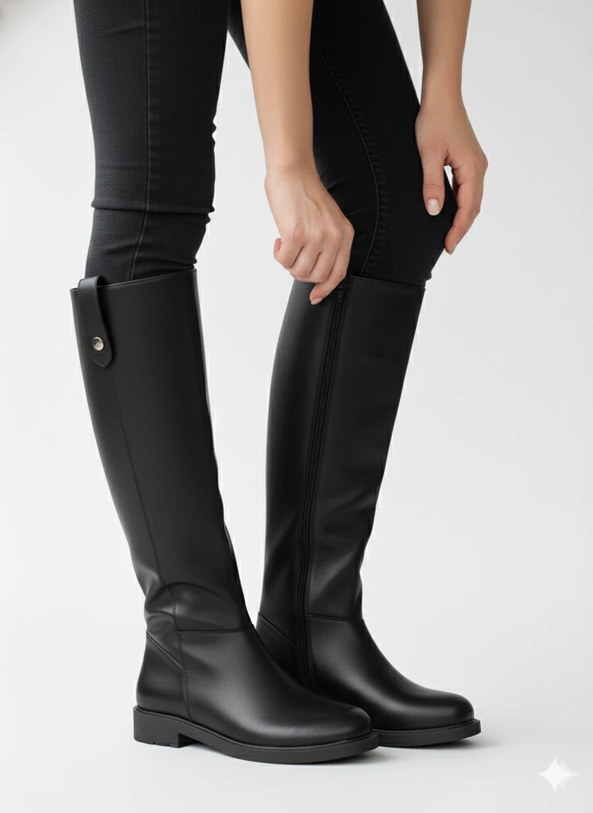 TROK DETAYLI RAHAT VE ŞIK GENİŞ BALDIR UYGUN KADIN ÇİZME TMD2025501 - SİYAH