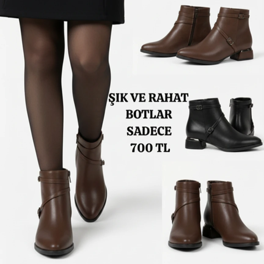 4 Cm Kalın Galvaniz Topuklu Bantlı Şık Günlük Kadın Bot TMD2024801 - kahverengi