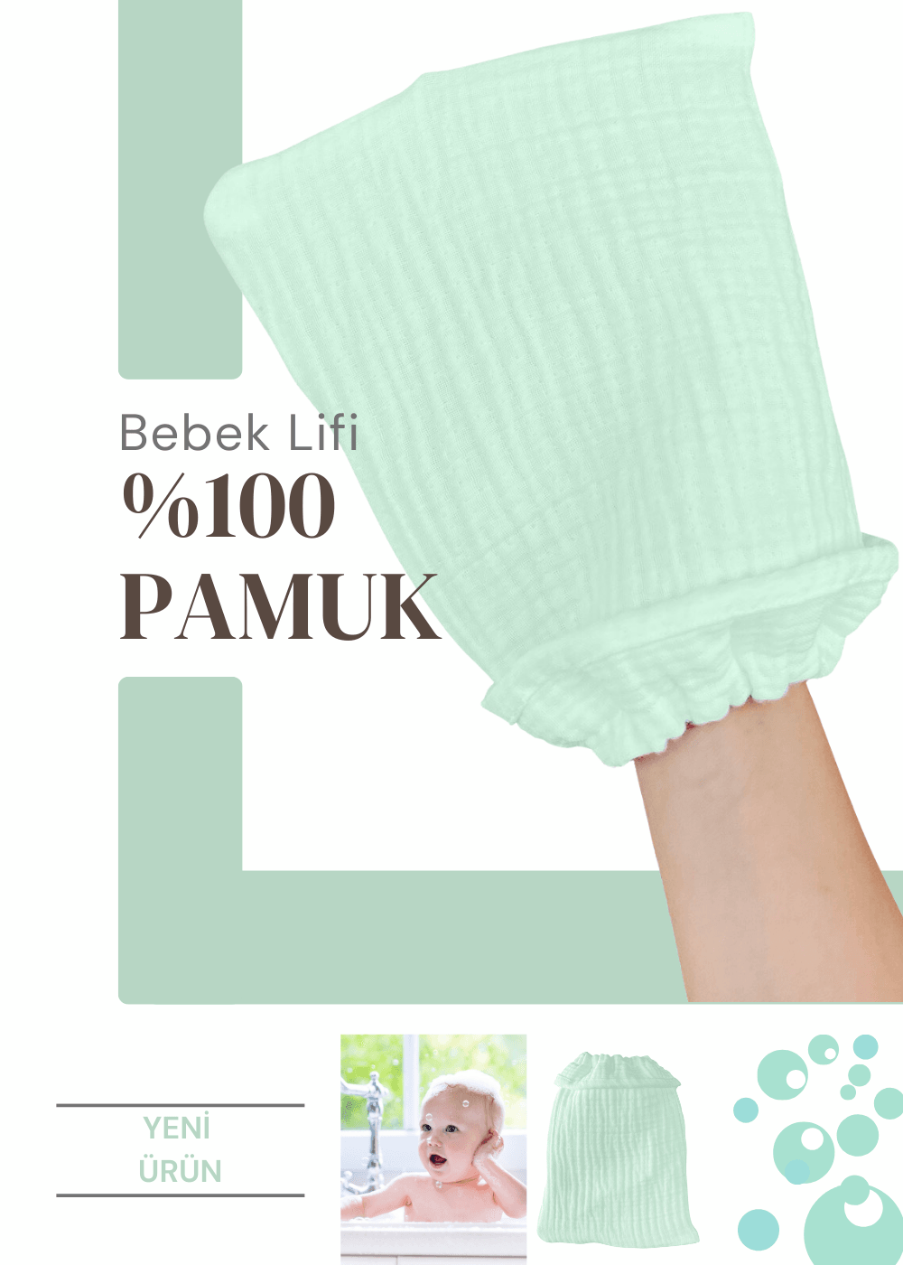 %100 Pamuk Bebek Lifi Tahriş Etmeyen Yumuşak Banyo Eldiveni Muslin Lif - mint