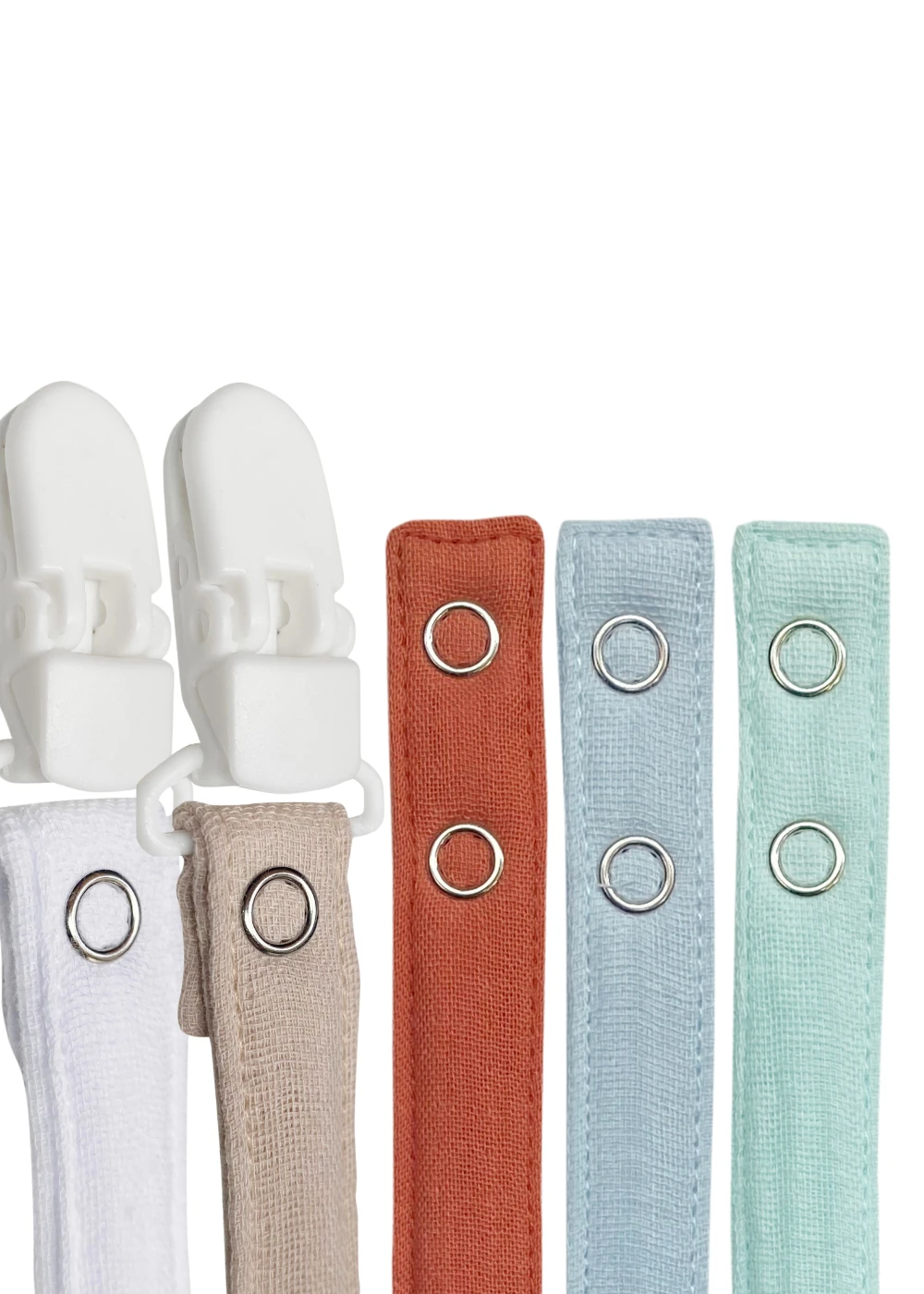 5'li Pamuk Müslin Bebek Emzik Askısı - 2 Plastik Klips, Kolay Açılır Emzik Tutacağı / Zinciri | 2x25 cm