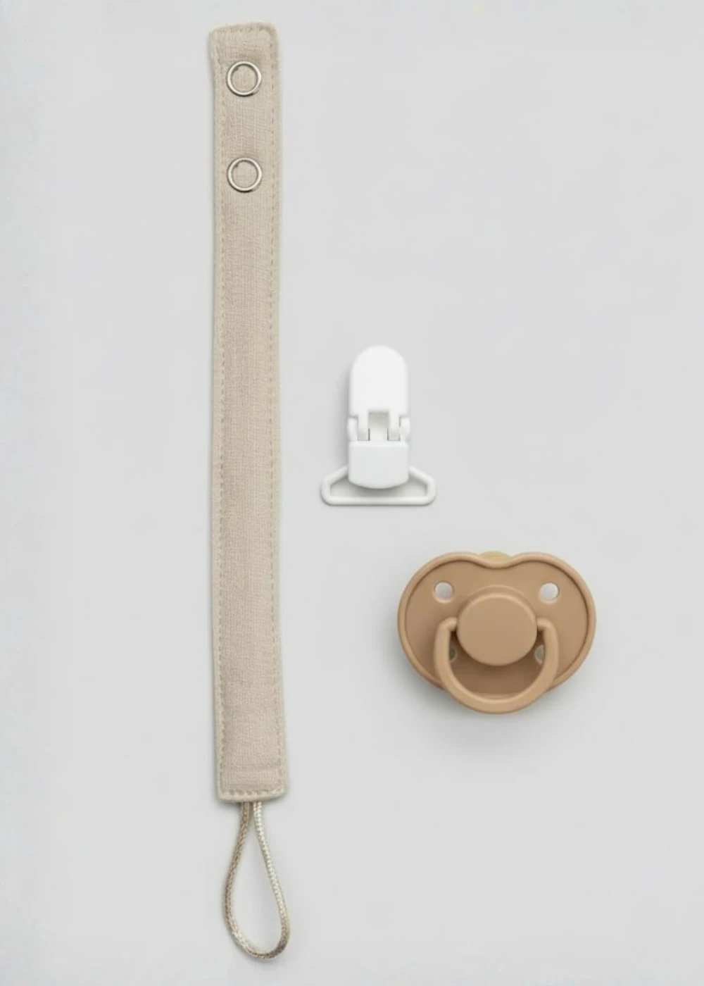 Pamuk Müslin Bebek Emzik Askısı - 1 Plastik Klips, Kolay Açılır Emzik Tutacağı / Zinciri | 2x25 cm - latte (bej)
