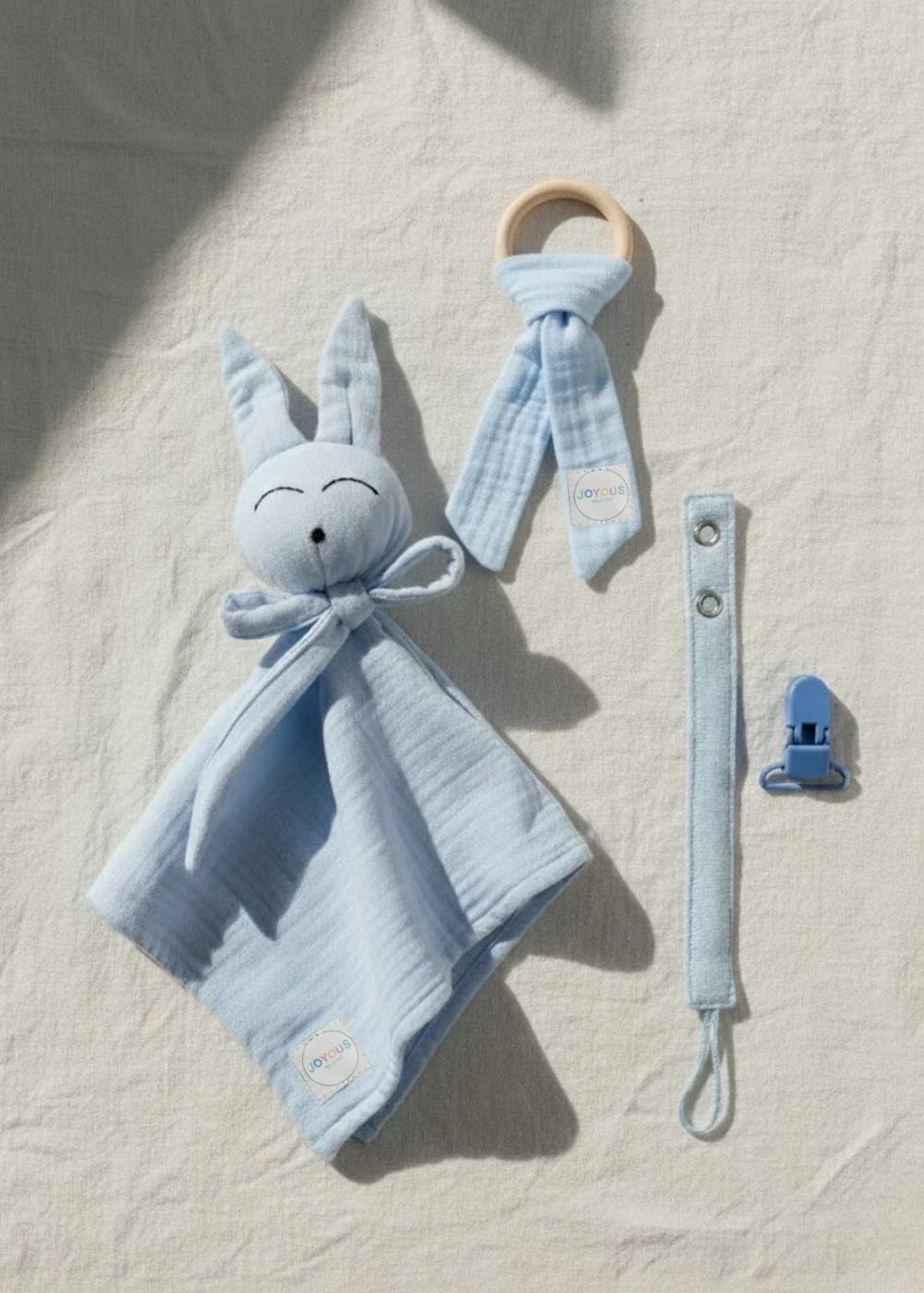 Yenidoğan 3’lü Müslin Set – Uyku Arkadaşı, Diş Kaşıyıcı, Emzik Askısı - mavi