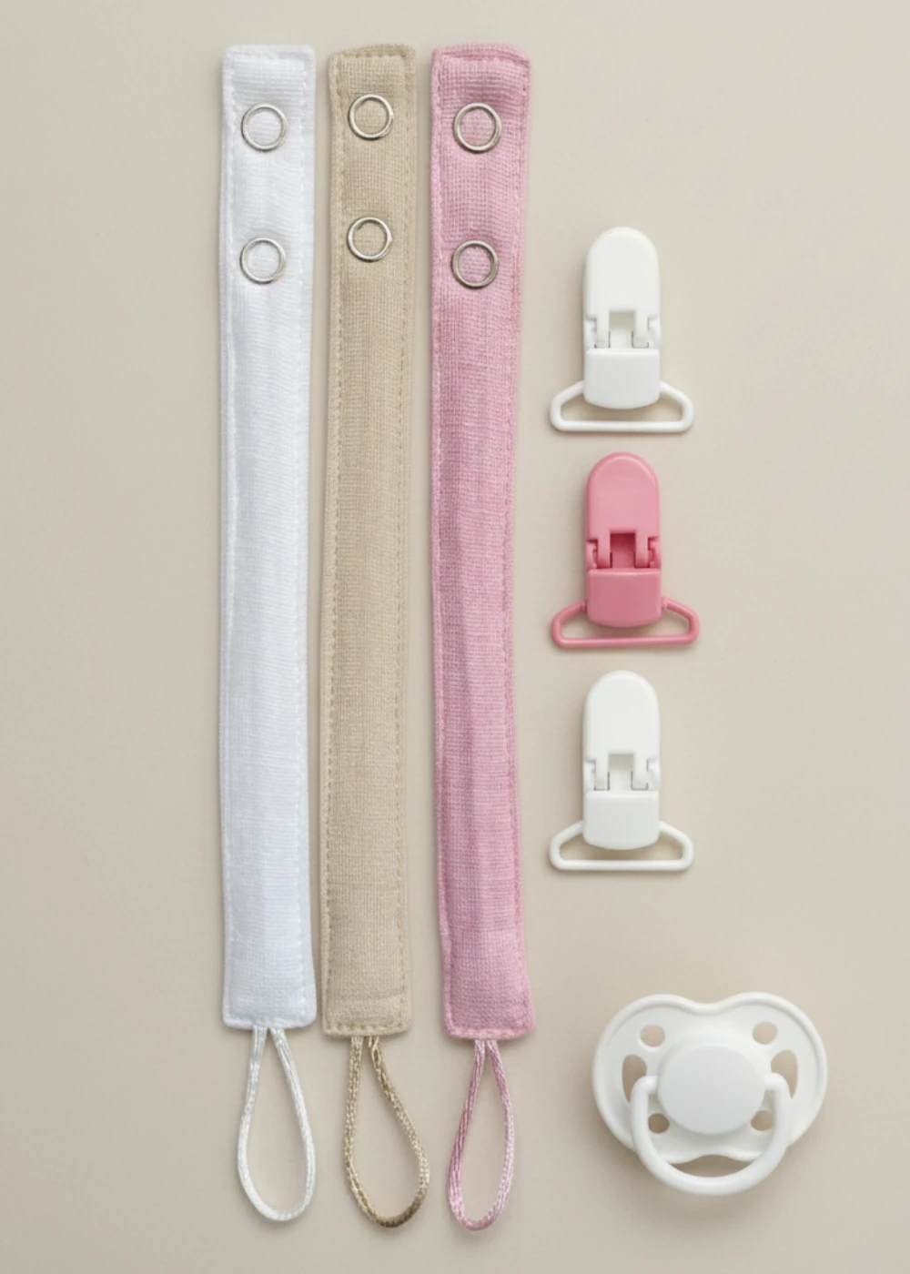 3'lü Pamuk Müslin Bebek Emzik Askısı - 3 Plastik Klips, Kolay Açılır Emzik Tutacağı / Zinciri | 2x25 cm