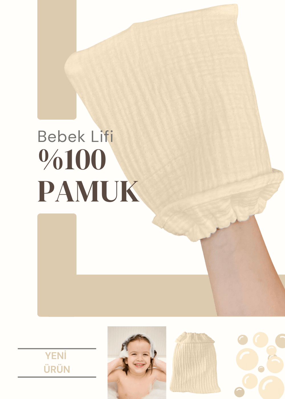 %100 Pamuk Bebek Lifi Tahriş Etmeyen Yumuşak Banyo Eldiveni Muslin Lif - latte (bej)