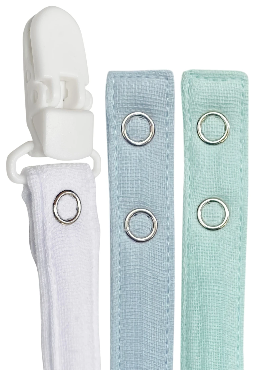 3'lü Pamuk Müslin Bebek Emzik Askısı - Plastik Klips, Kolay Açılır Emzik Tutacağı / Zinciri | 2x25 cm