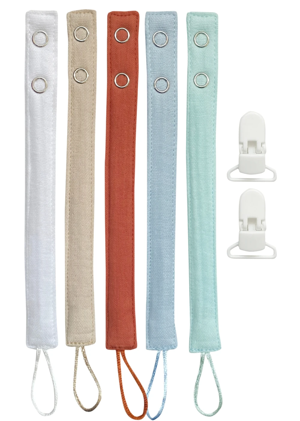 5'li Pamuk Müslin Bebek Emzik Askısı - 2 Plastik Klips, Kolay Açılır Emzik Tutacağı / Zinciri | 2x25 cm