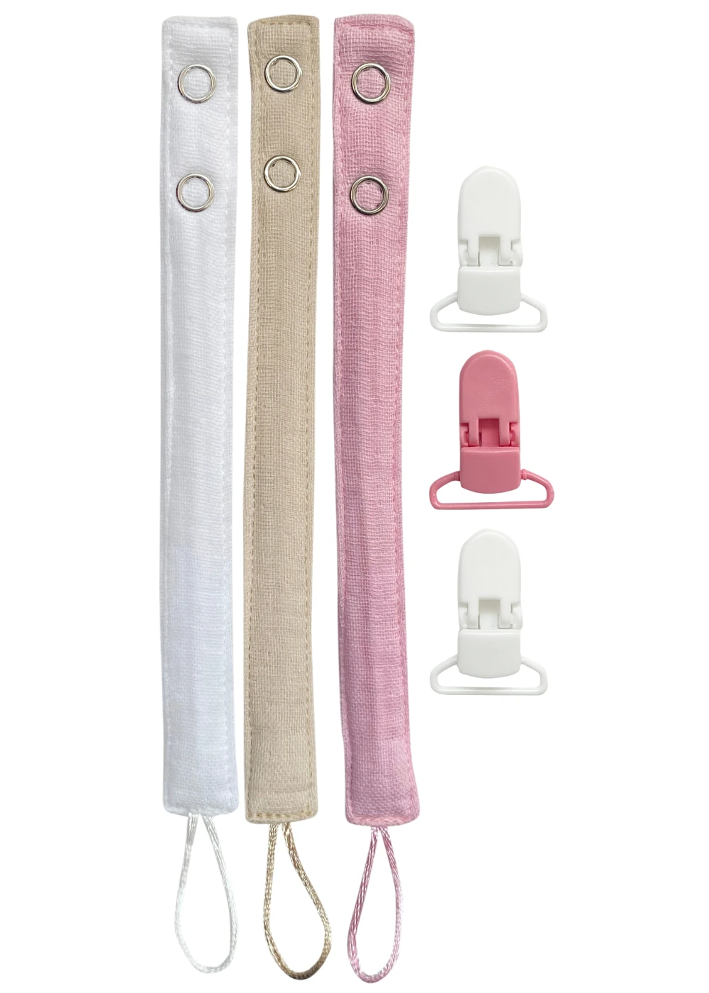 3'lü Pamuk Müslin Bebek Emzik Askısı - 3 Plastik Klips, Kolay Açılır Emzik Tutacağı / Zinciri | 2x25 cm