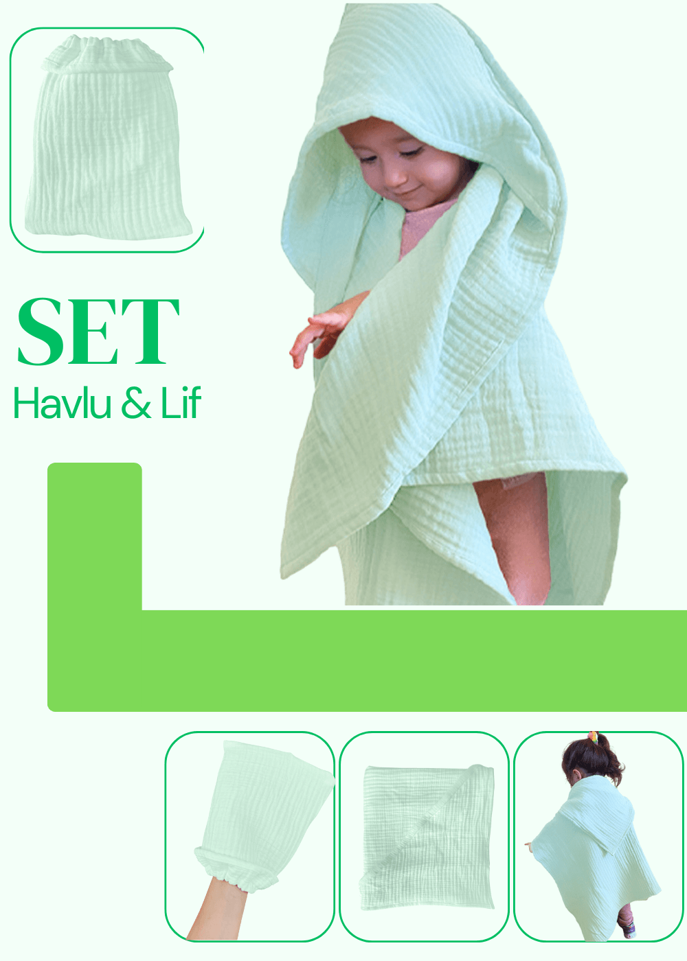 Bebek Havlu ve Kese Seti - %100 Organik Muslin Banyo Kese ve Havlu Seti - mint