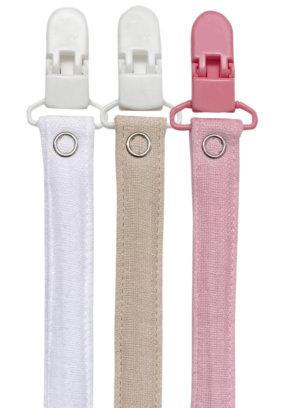 3'lü Pamuk Müslin Bebek Emzik Askısı - 3 Plastik Klips, Kolay Açılır Emzik Tutacağı / Zinciri | 2x25 cm