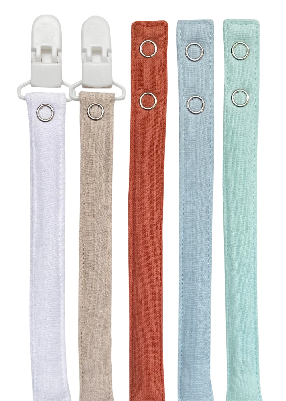 5'li Pamuk Müslin Bebek Emzik Askısı - 2 Plastik Klips, Kolay Açılır Emzik Tutacağı / Zinciri | 2x25 cm