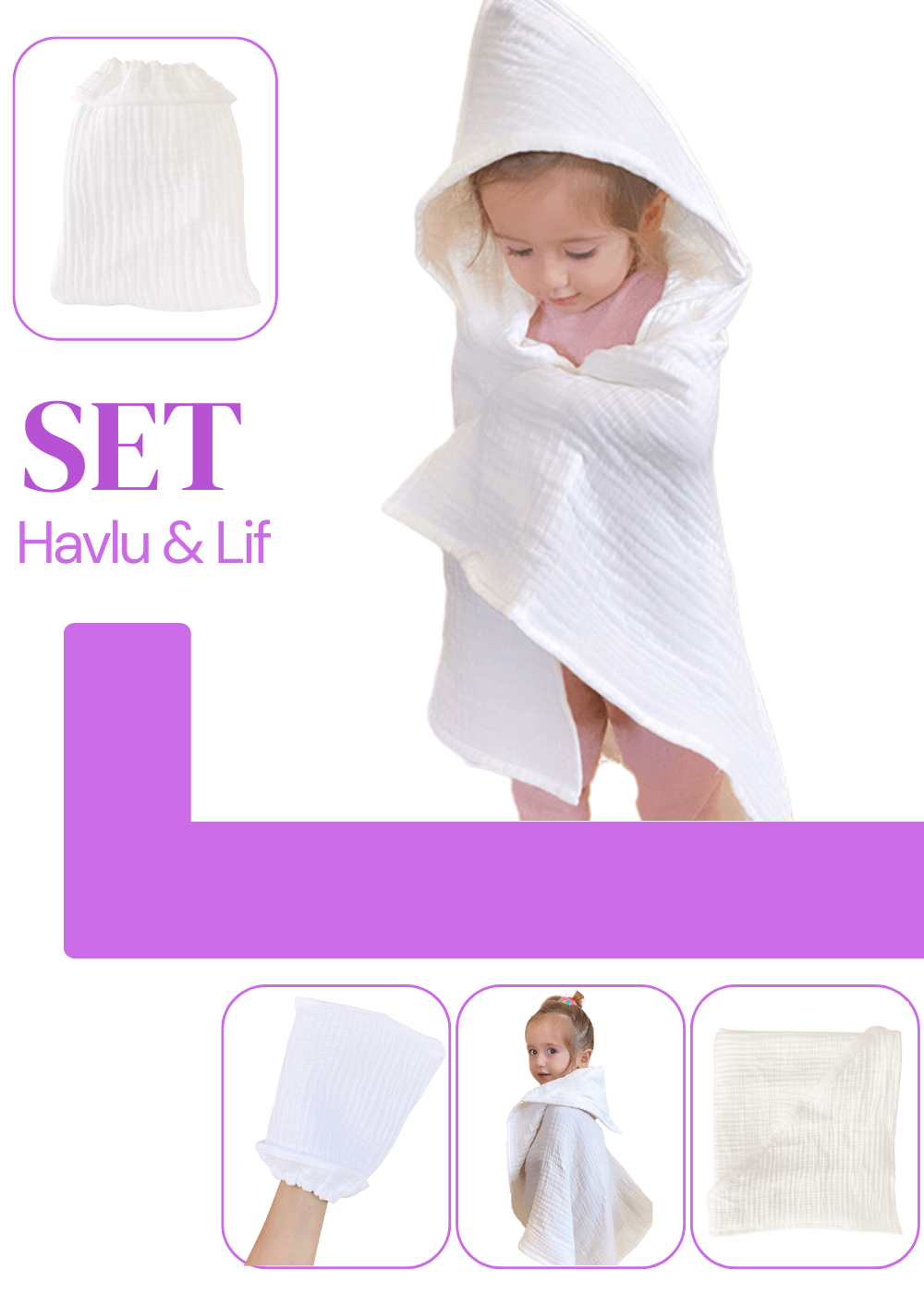 Bebek Havlu ve Kese Seti - %100 Organik Muslin Banyo Kese ve Havlu Seti - beyaz