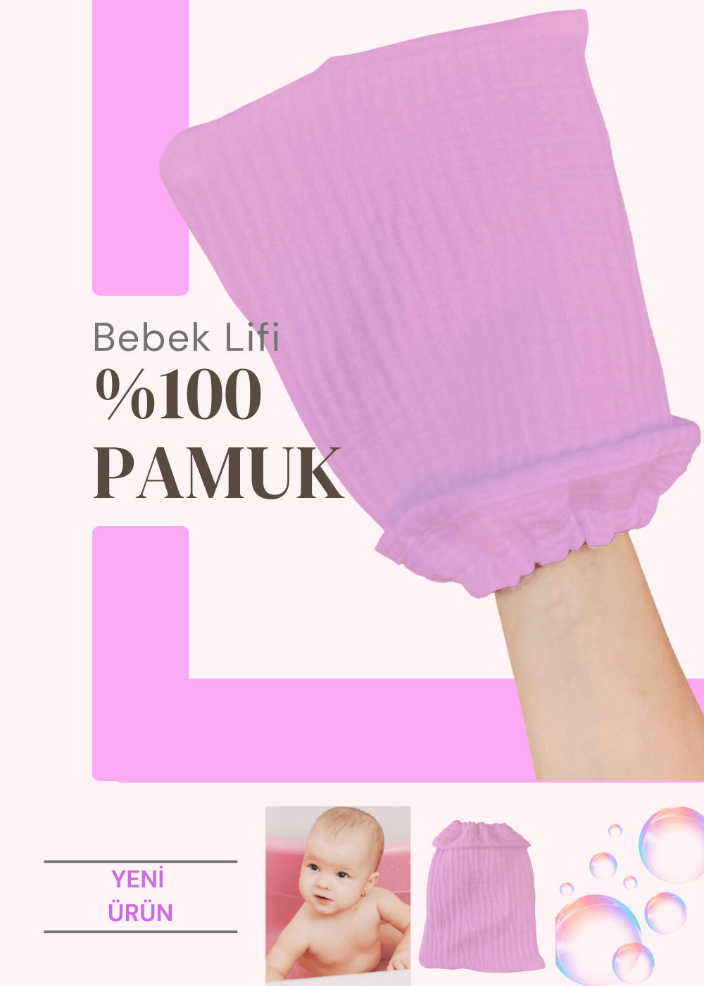 %100 Pamuk Bebek Lifi Tahriş Etmeyen Yumuşak Banyo Eldiveni Muslin Lif - koyu pudra pembe