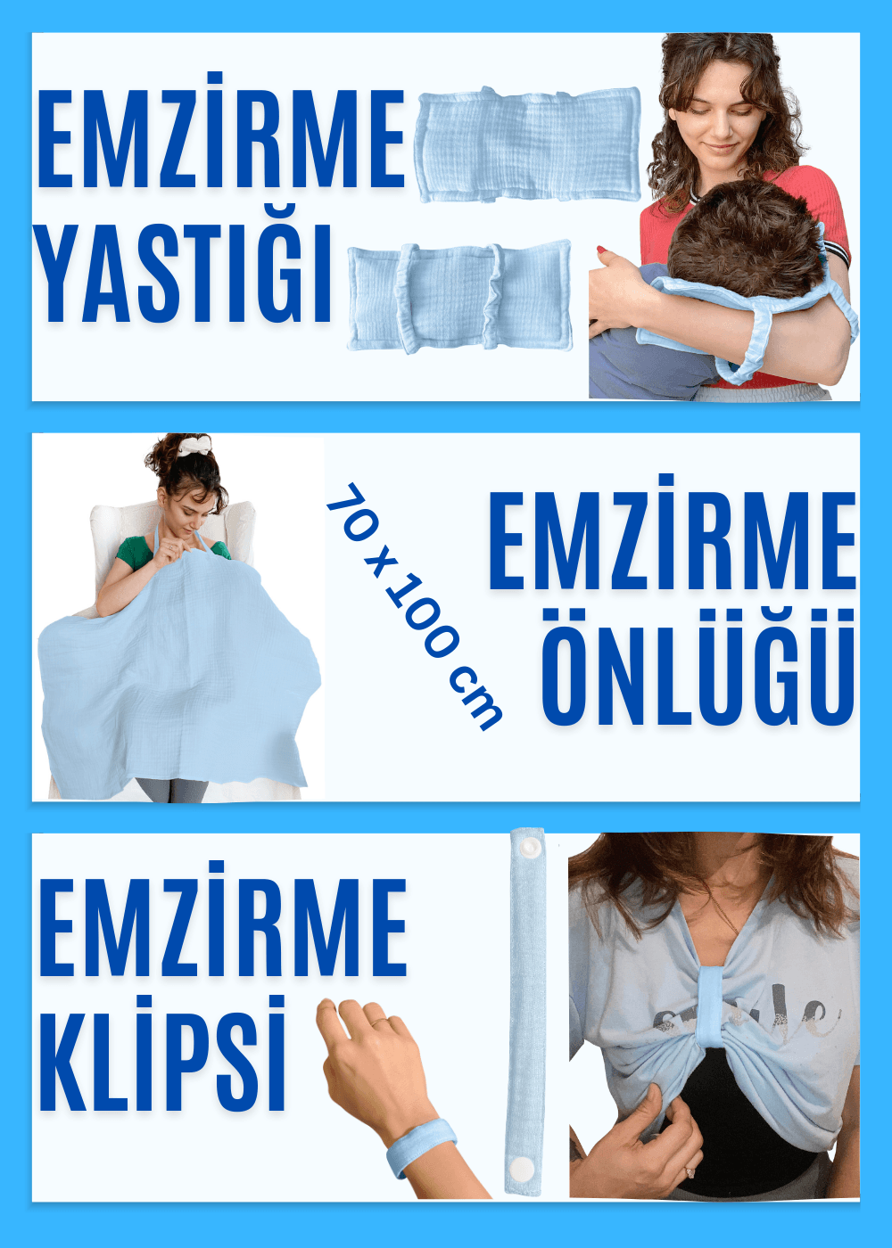 4 Katlı Müslin Bebek Emzirme Seti Emzirme Yastığı, Emzirme Klipsi, İç Göstermez Bebek Emzirme Örtüsü - mavi