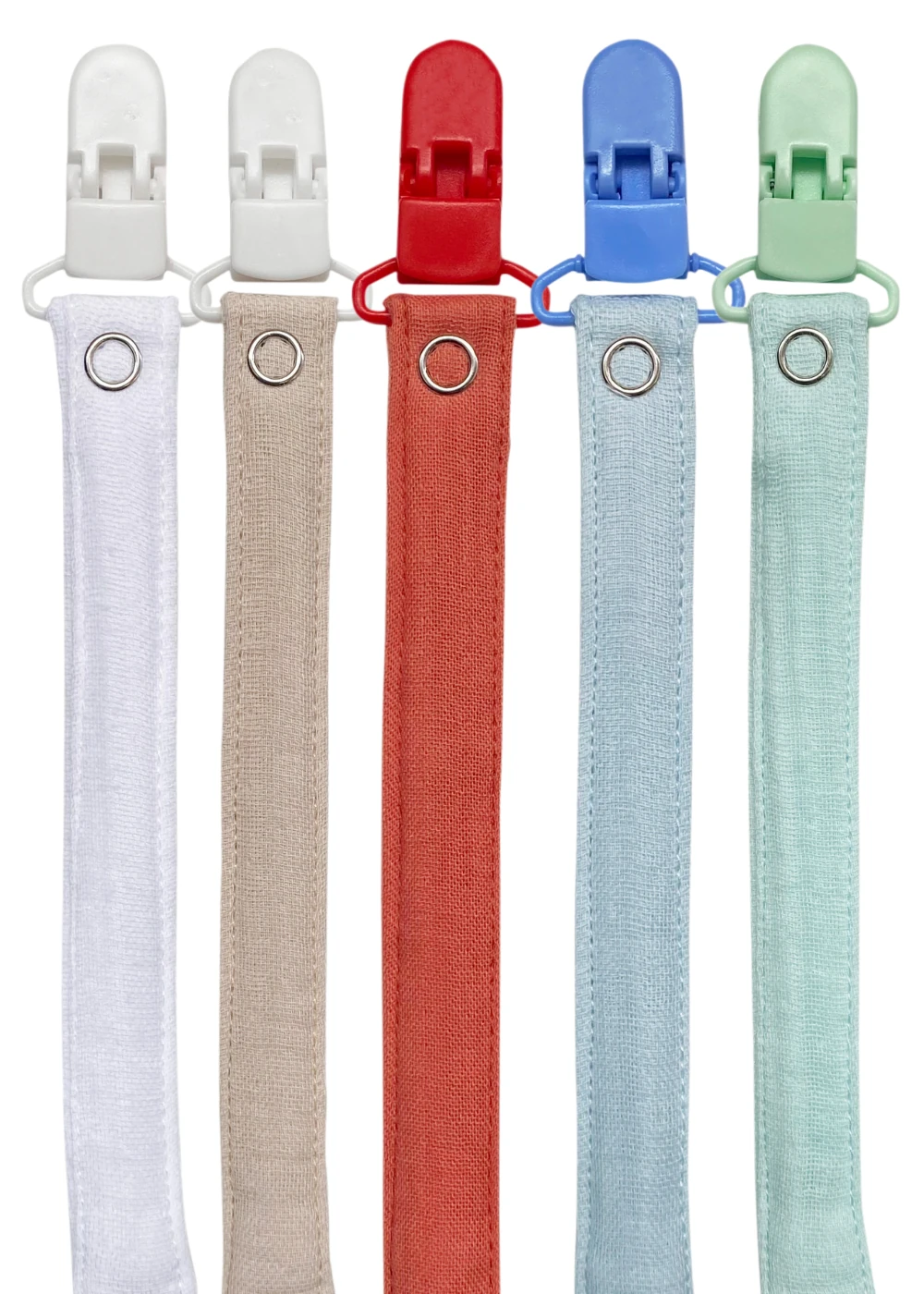 5'li Pamuk Müslin Bebek Emzik Askısı - 5 Plastik Klips, Kolay Açılır Emzik Tutacağı / Zinciri | 2x25 cm