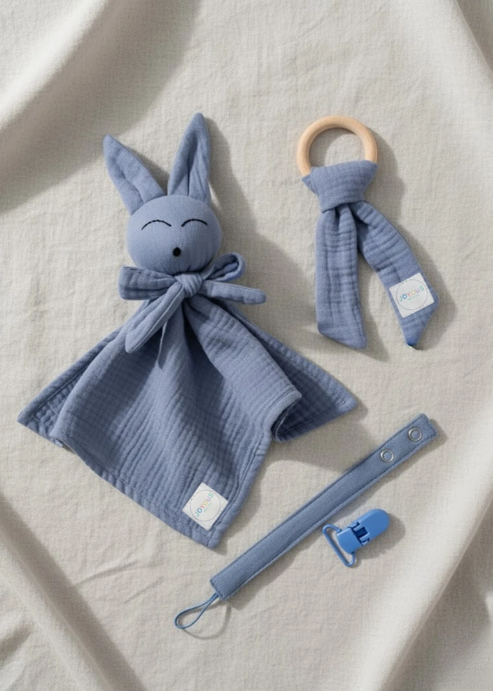 Yenidoğan 3’lü Müslin Set – Uyku Arkadaşı, Diş Kaşıyıcı, Emzik Askısı - indigo