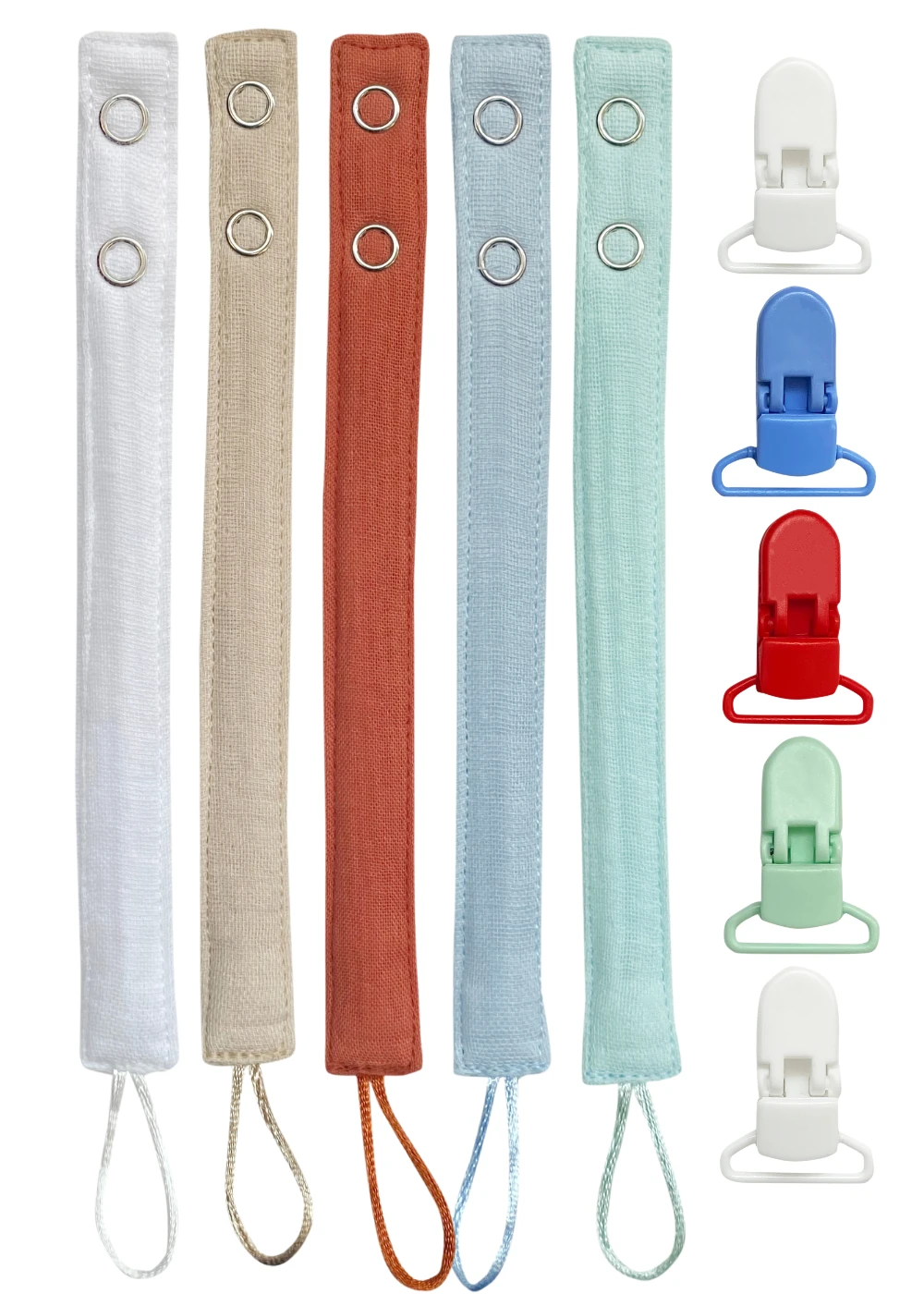 5'li Pamuk Müslin Bebek Emzik Askısı - 5 Plastik Klips, Kolay Açılır Emzik Tutacağı / Zinciri | 2x25 cm