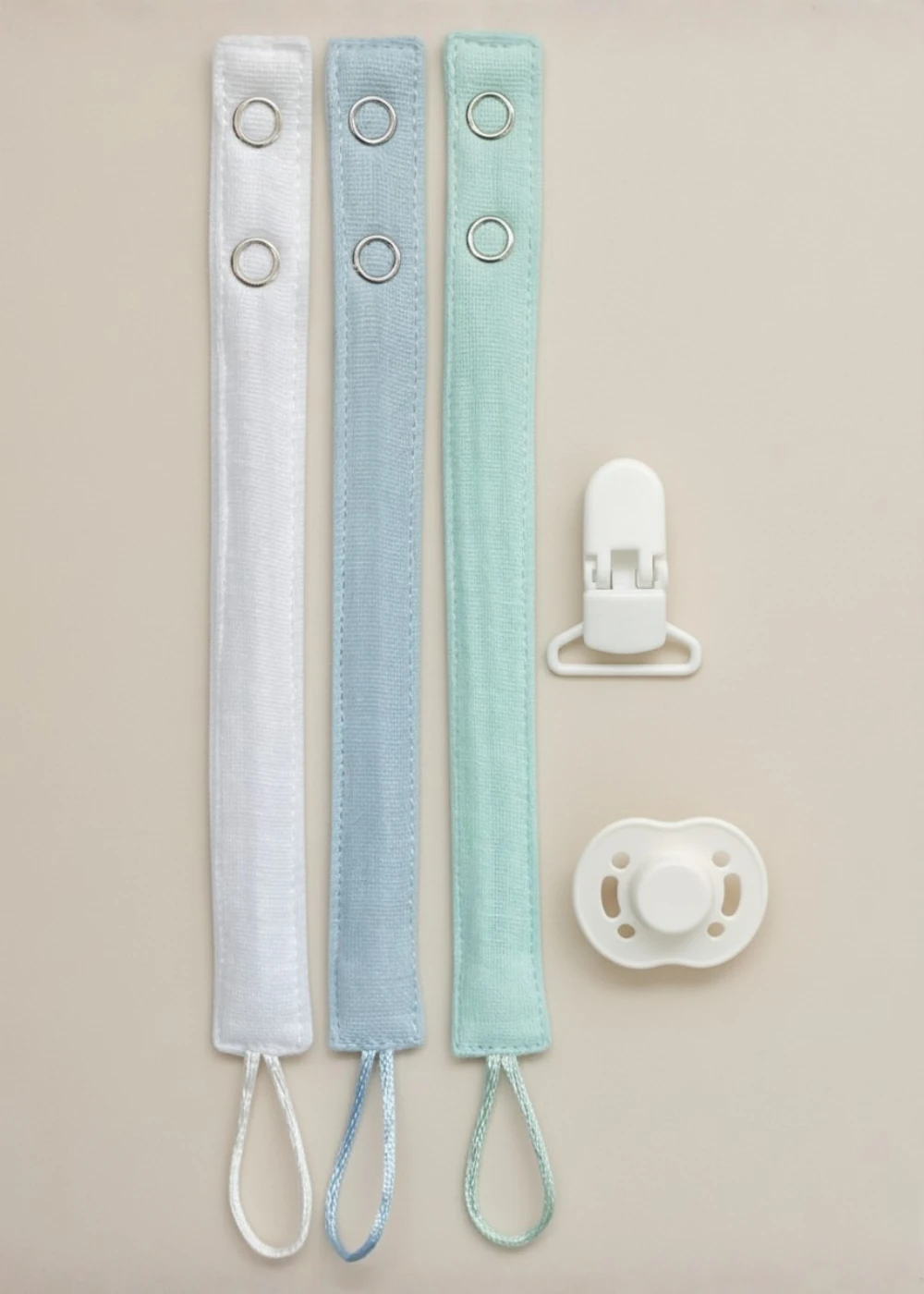 3'lü Pamuk Müslin Bebek Emzik Askısı - Plastik Klips, Kolay Açılır Emzik Tutacağı / Zinciri | 2x25 cm