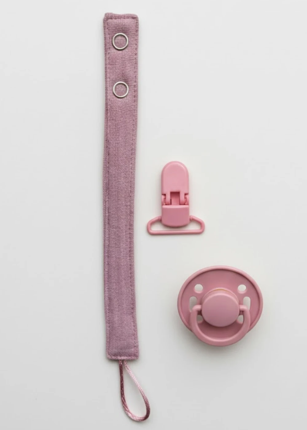 Pamuk Müslin Bebek Emzik Askısı - 1 Plastik Klips, Kolay Açılır Emzik Tutacağı / Zinciri | 2x25 cm - koyu pudra pembe